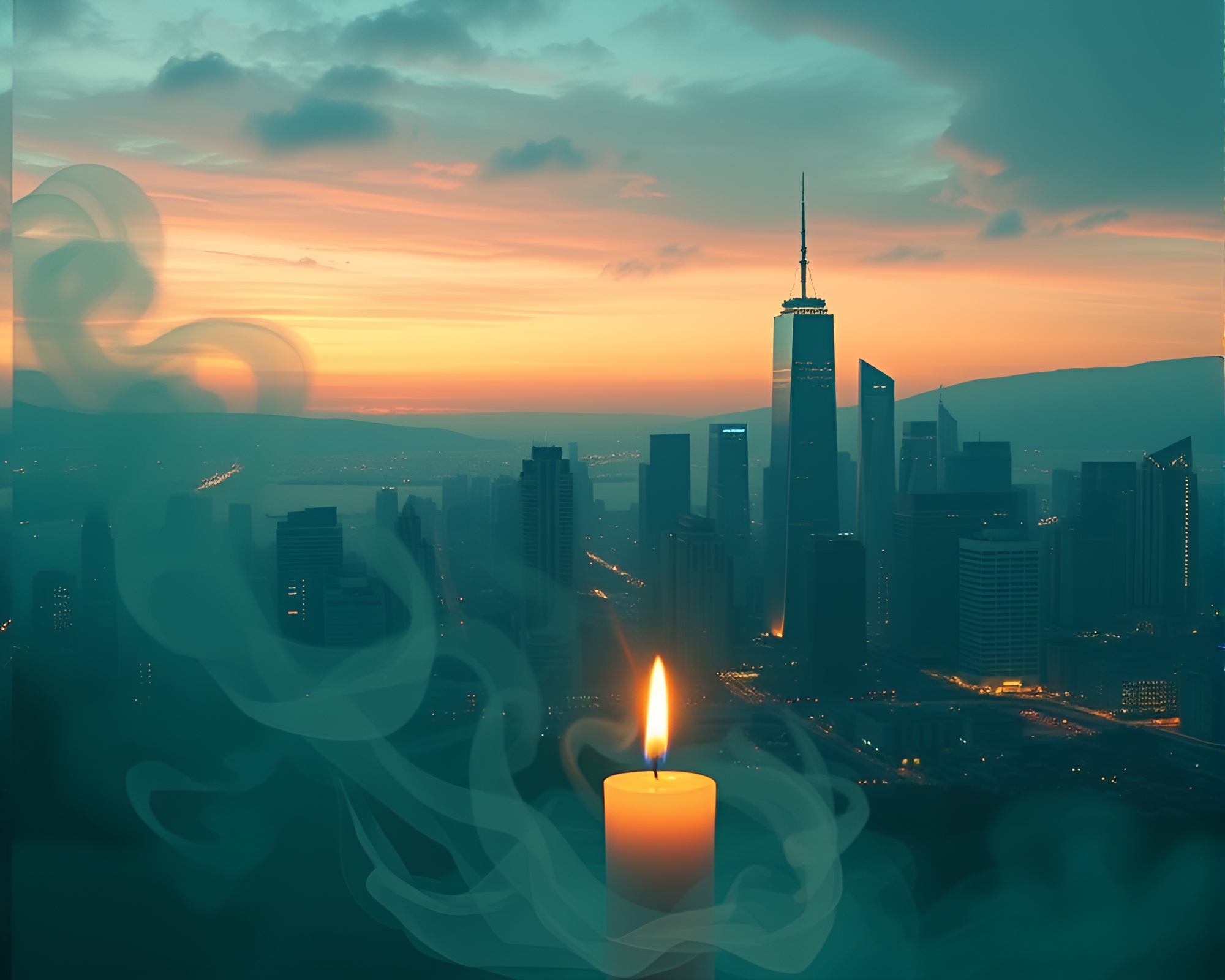 Teal Cityscape: Candle Smoke Divisionism – free AI stock image
