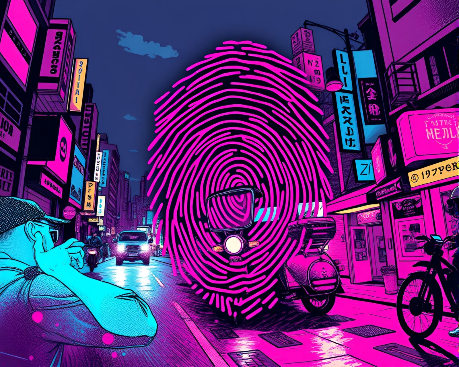 Futuristic cyberpunk rickshaw weaving through neon-lit city streets