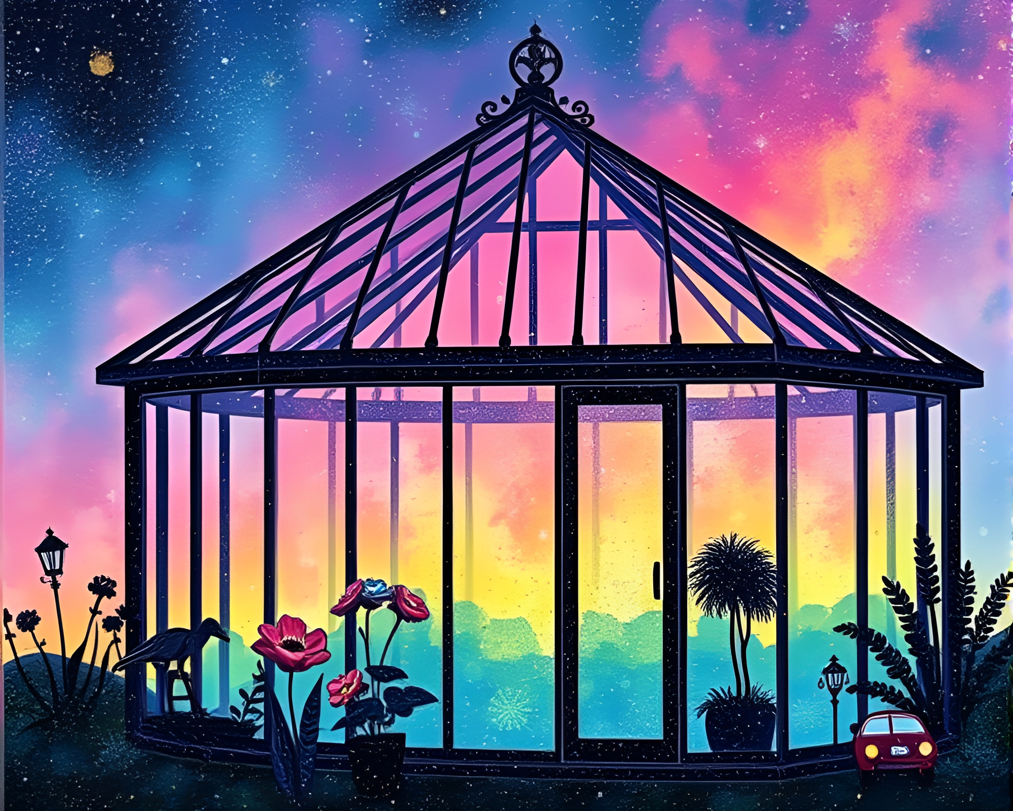 Stippled Glass Greenhouse Under Aurora Hues Photocollage – free AI stock image