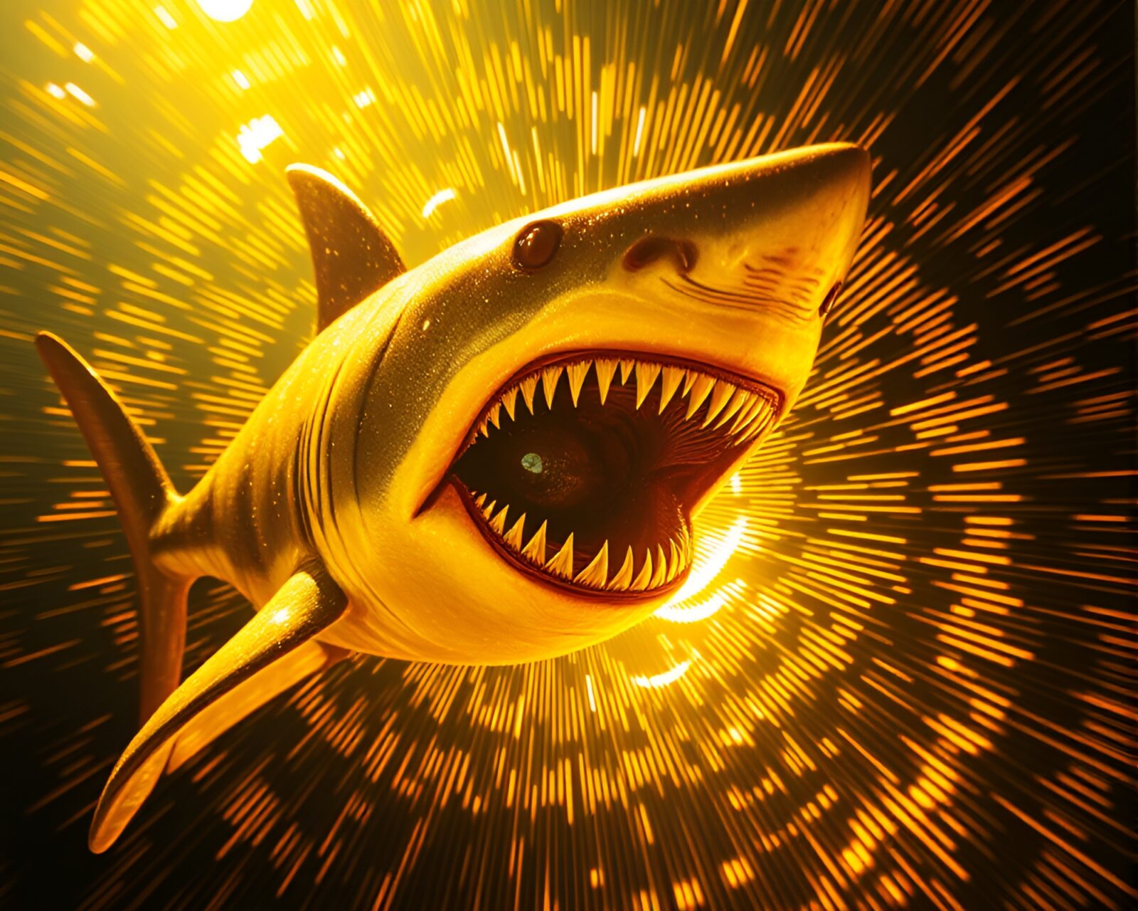 VHS distorted holographic shark swimming in golden spiral