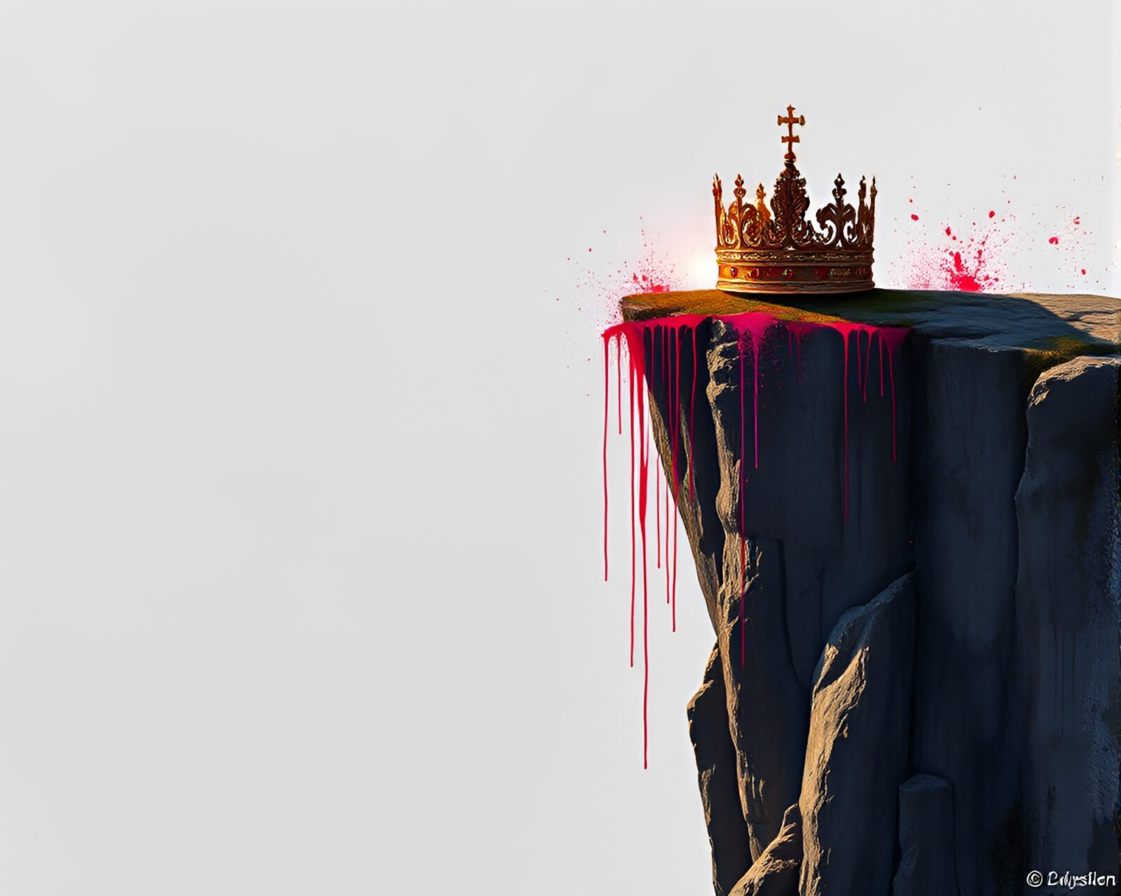 Photorealistic image of a crown dripping with spray paint on a shadowy cliffside