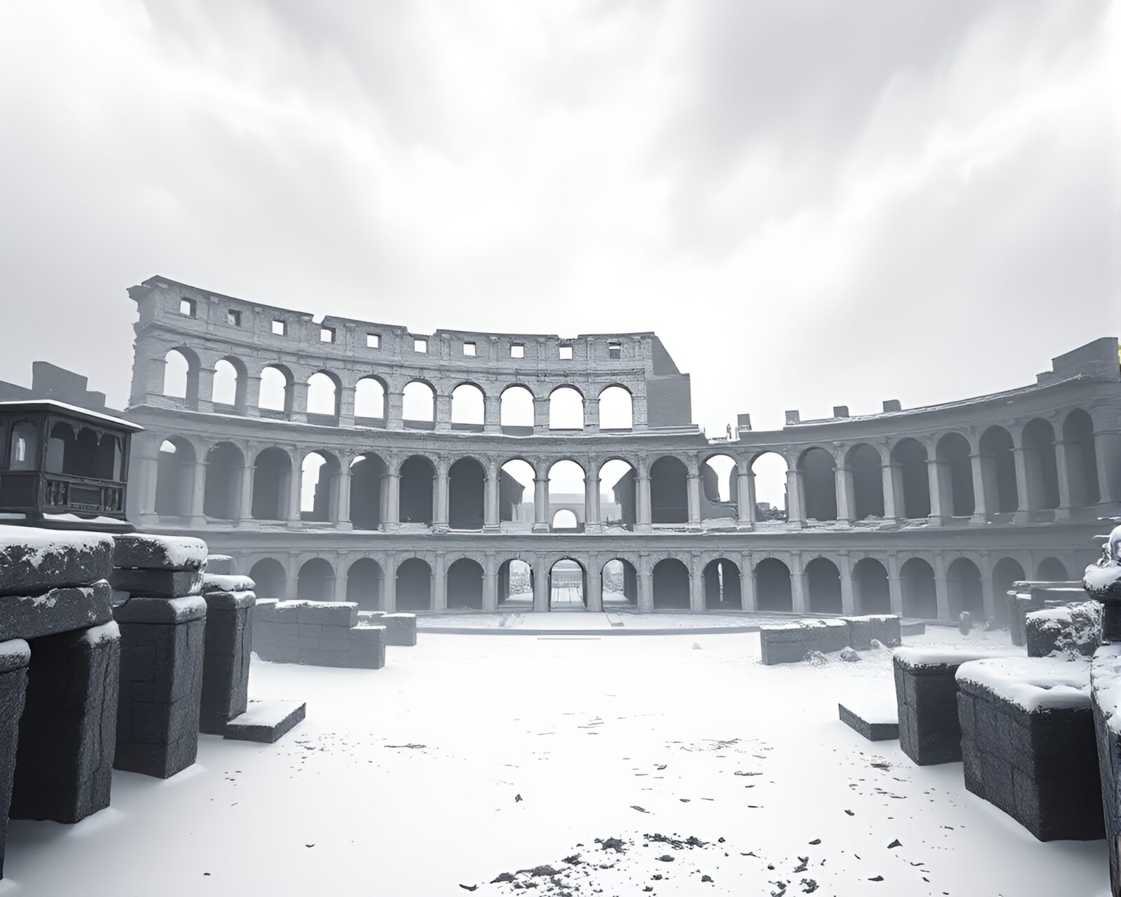 A stark, minimalist Roman coliseum standing tall in a snowy wasteland