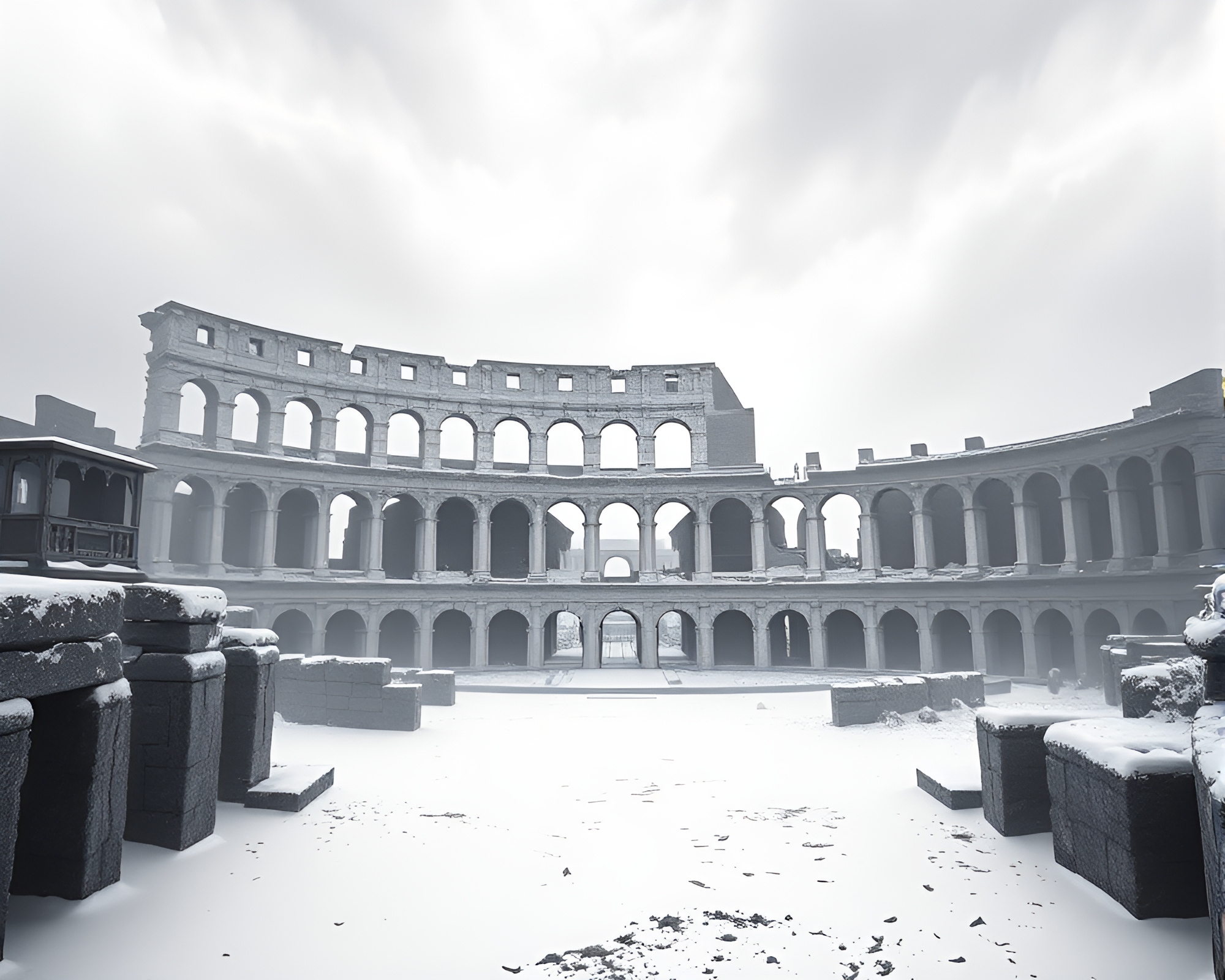 Minimalist Whiteout: Roman Coliseum in Dystopian Snowstorm – free AI stock image