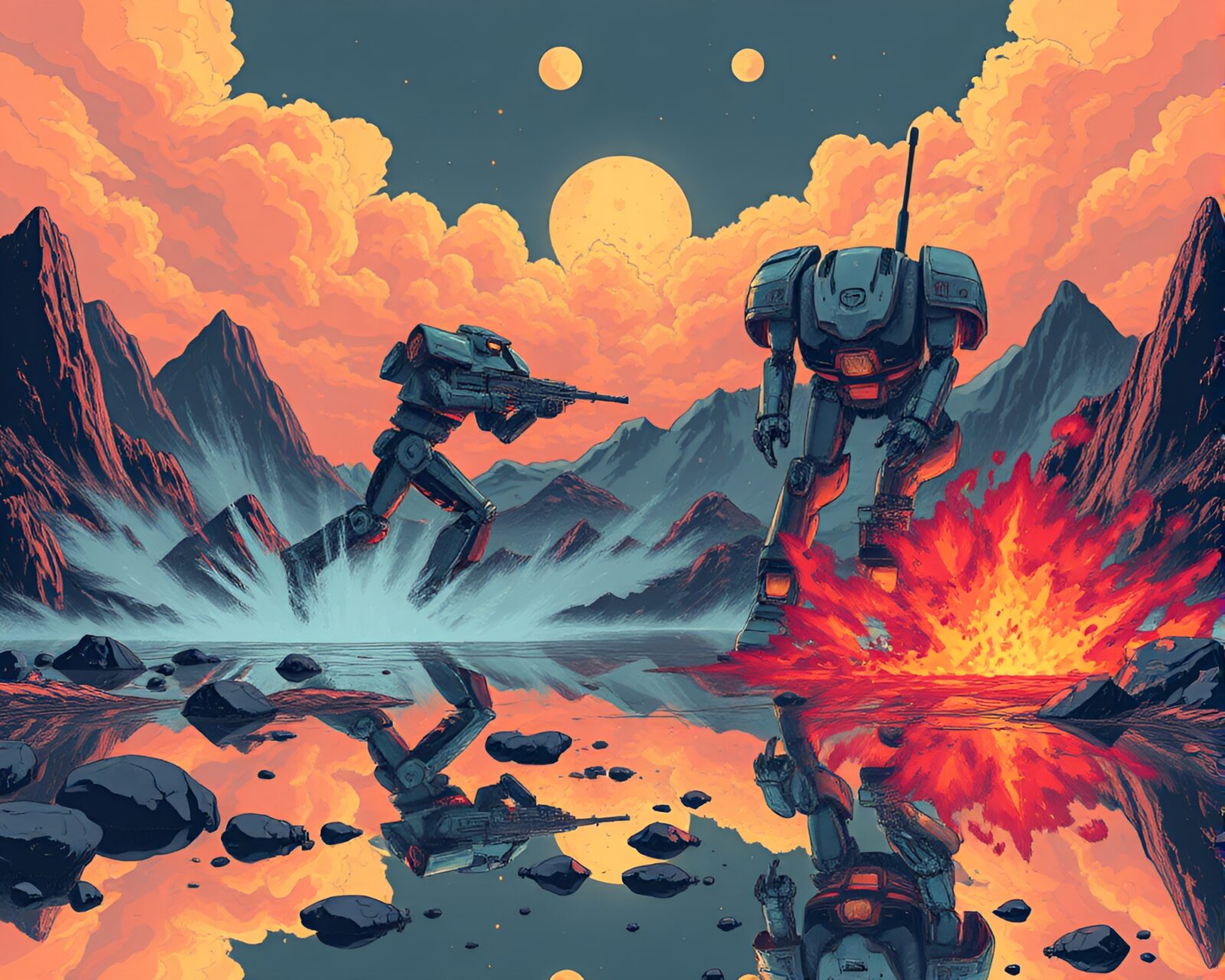 Colorful pop art style image of battle mechs in volcanic ash