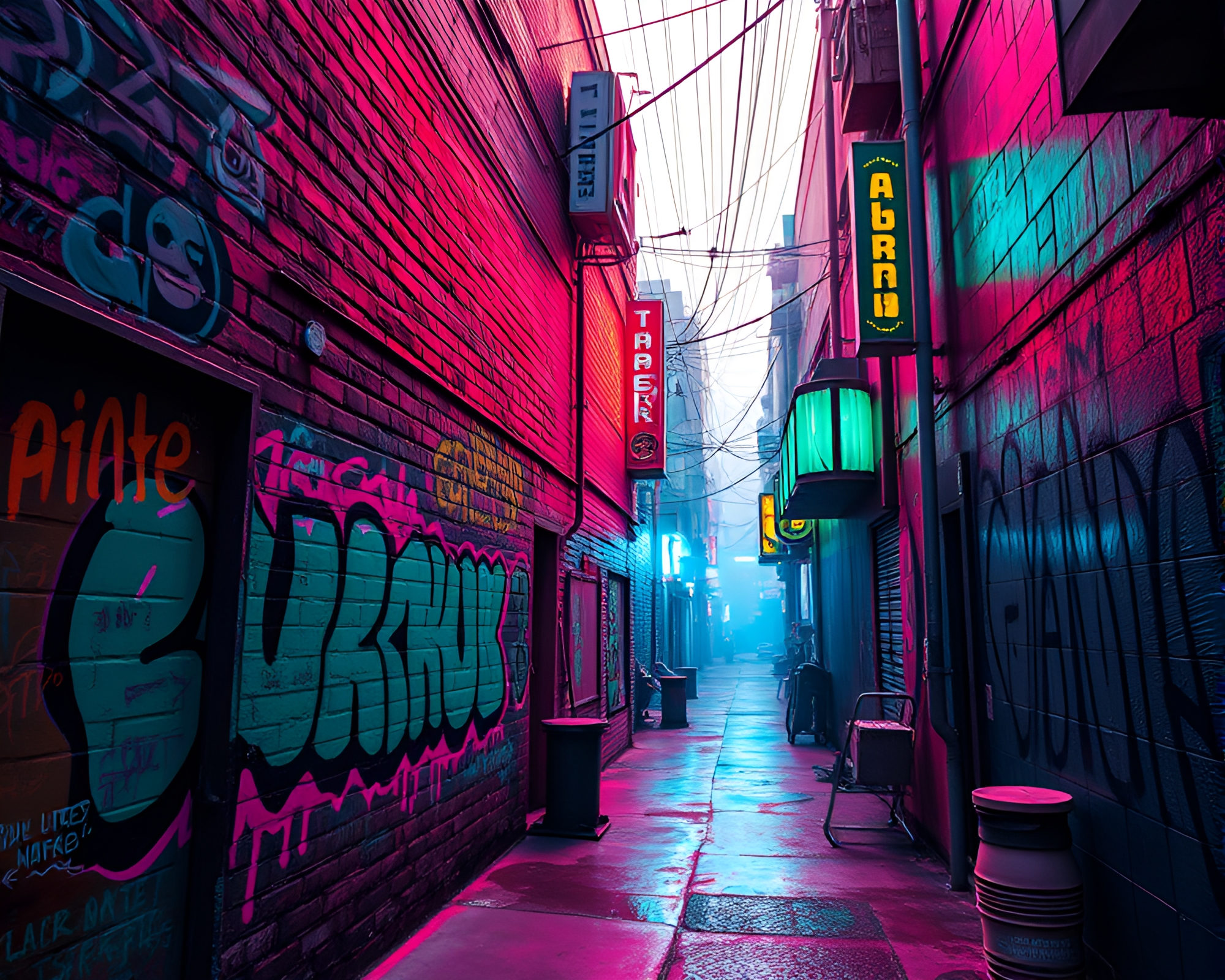 Gritty Cyberpunk Alley with Bio-Organic Graffiti Art – free AI stock image