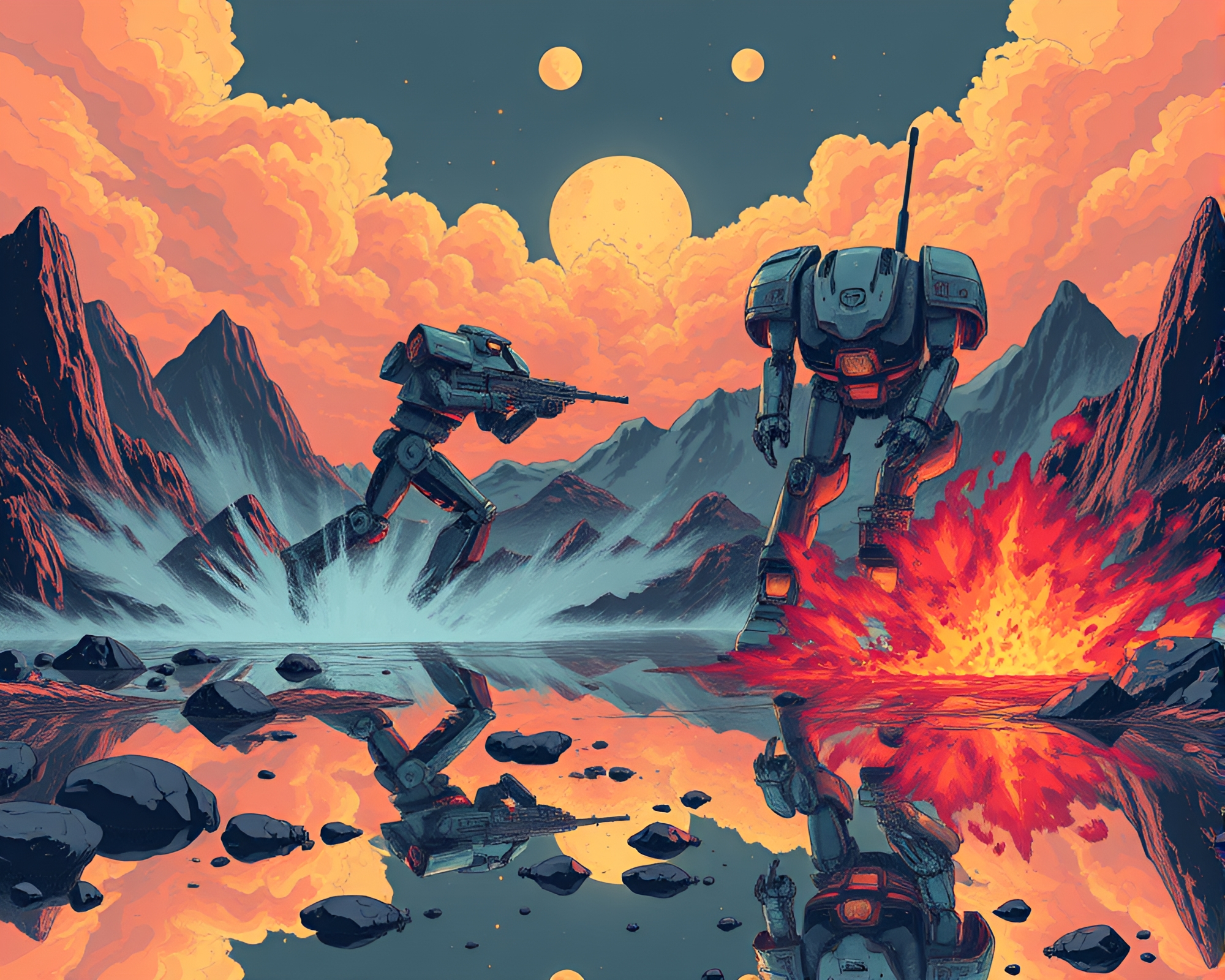 Mech Battle in Volcanic Ash Pop Art Reflections – free AI stock image