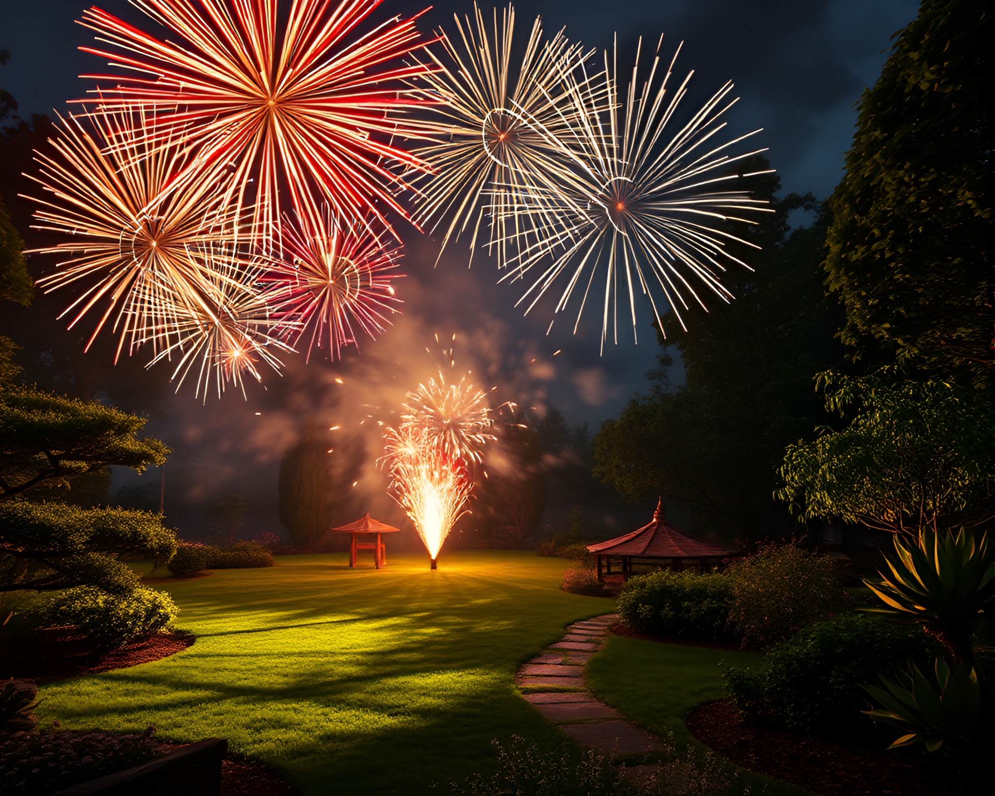 Holographic Zen Garden with Firework Shadows – free AI stock image