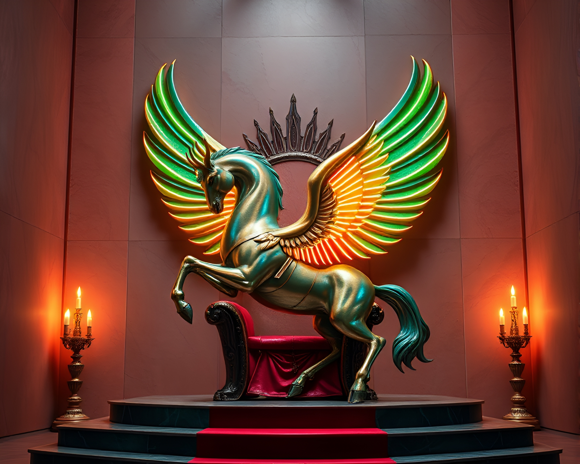 Glowing Copper Pegasus in Neon Throne Room – free AI stock image