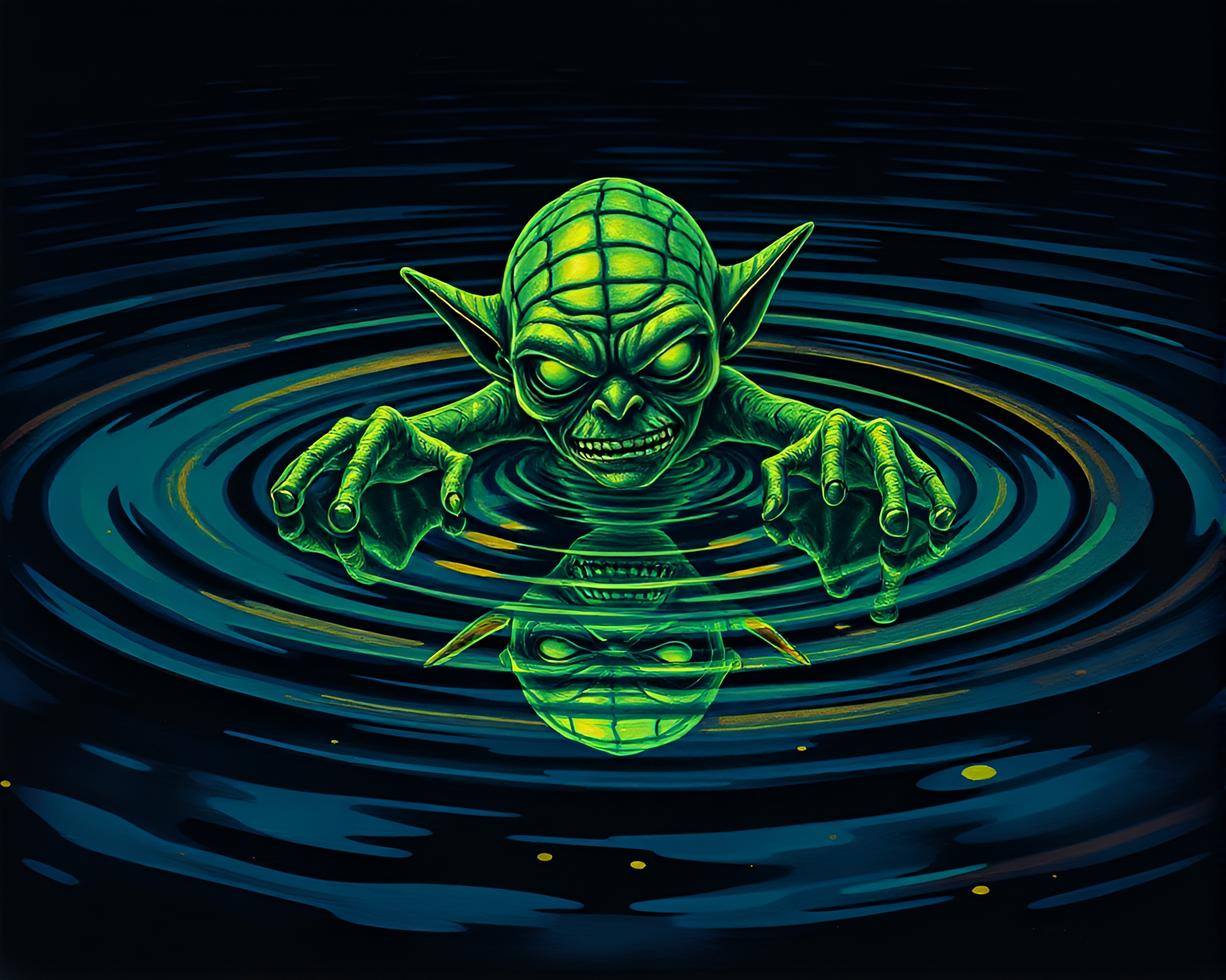 Glow-in-the-Dark Goblin Reflection on Rippling Water – free AI stock image