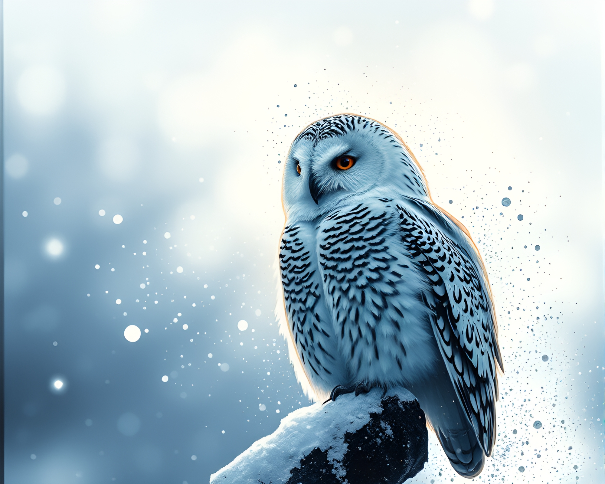 Snowy Owl Splashed with Ink in Midday Light – free AI stock image