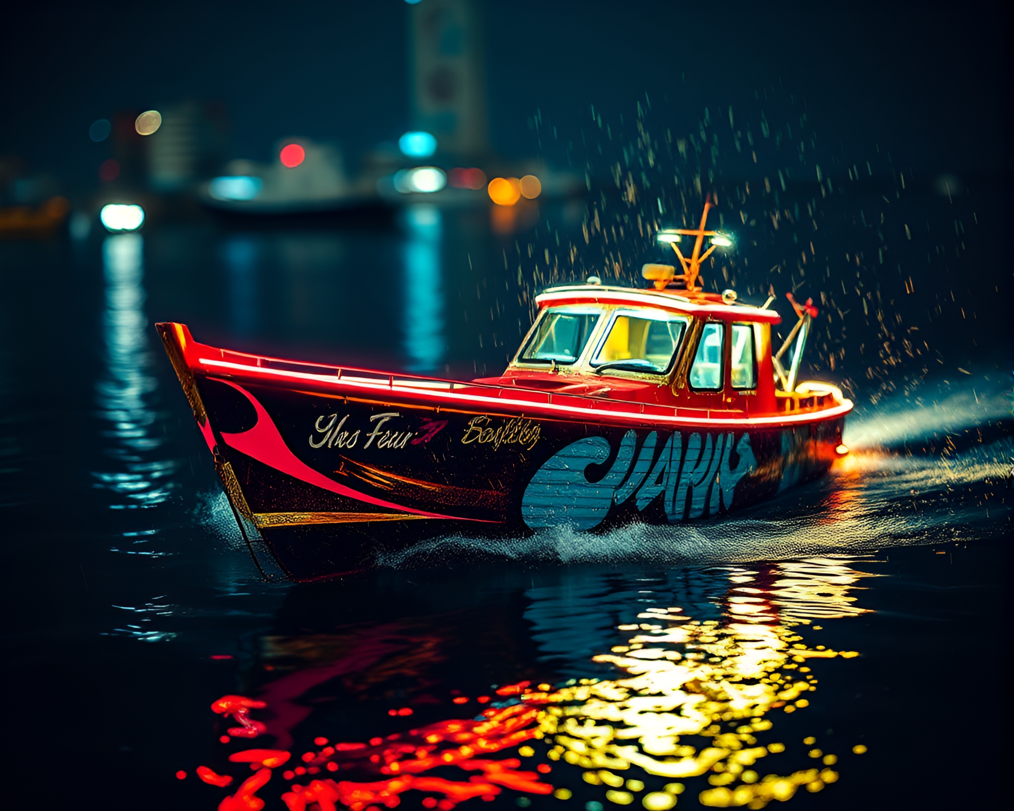 Neon Hydrofoil Boat Among Metallic Scratches – free AI stock image