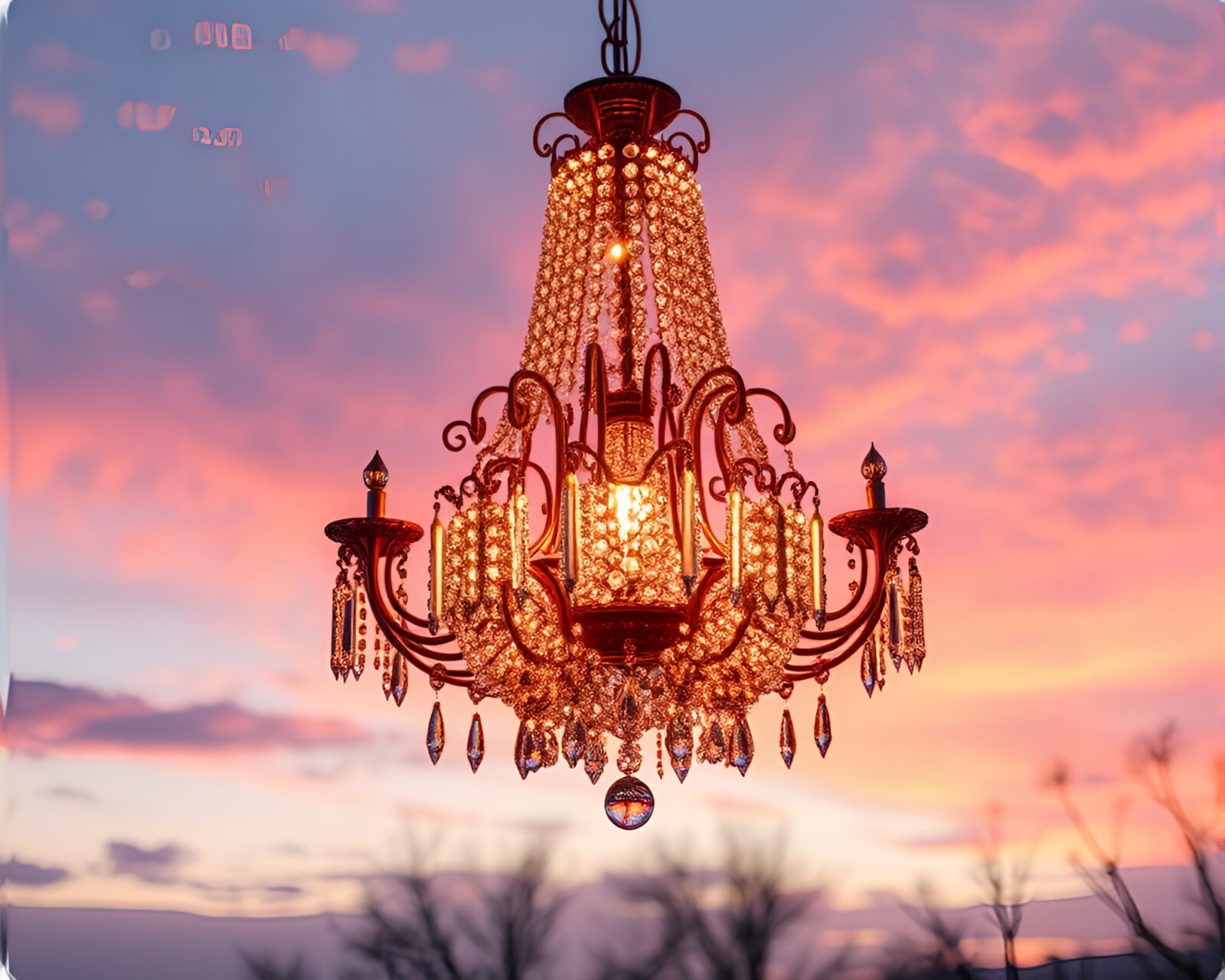Dazzling crystal chandelier under pastel sky with rust streaks