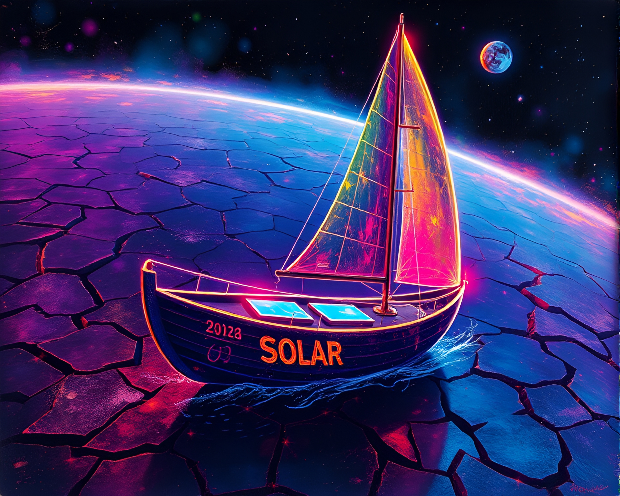 Vibrant Neon Solar Sailboat on Cracked Earth – free AI stock image