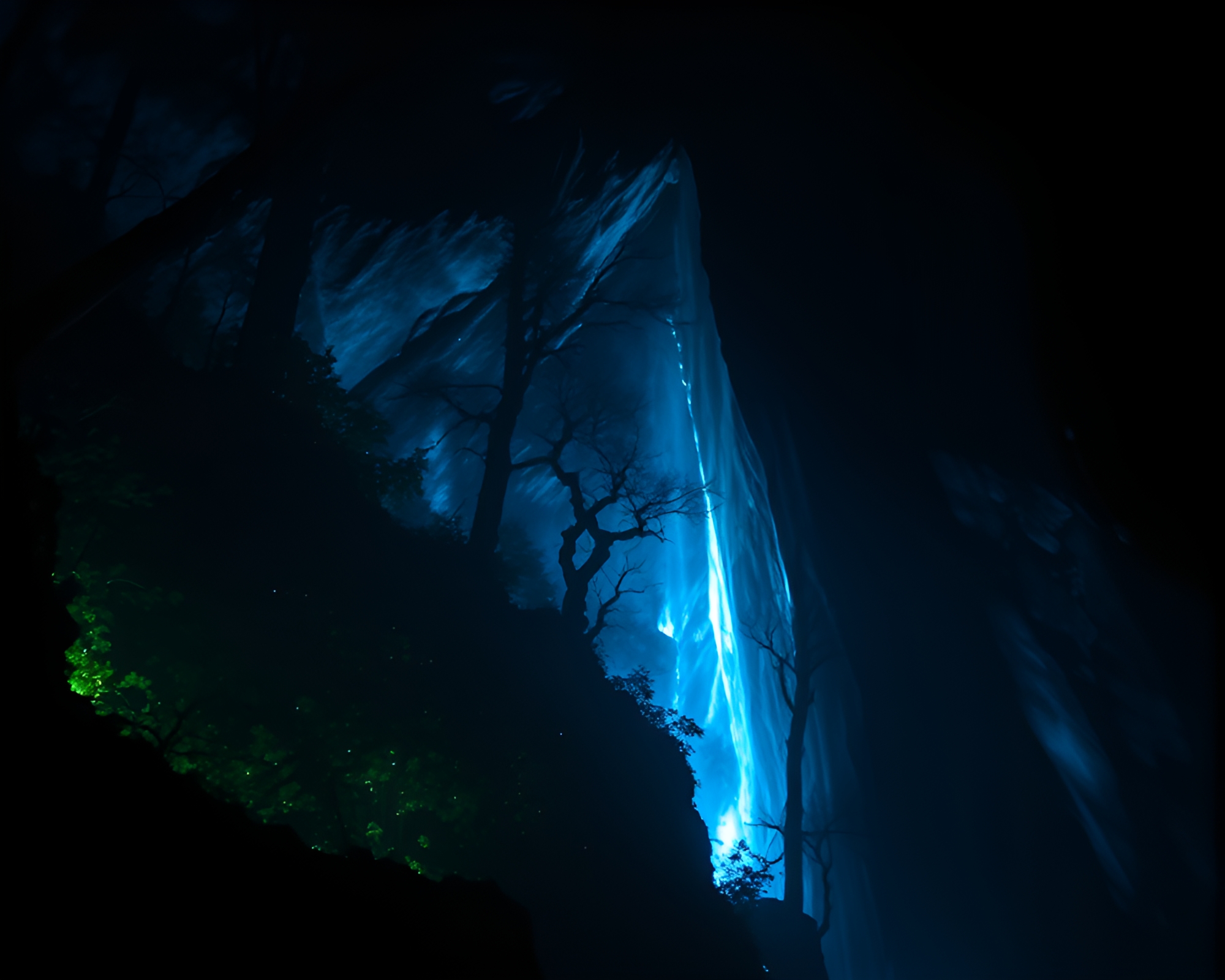 Bioluminescent Forest: Water Droplets Cliffside Shadow Art – free AI stock image