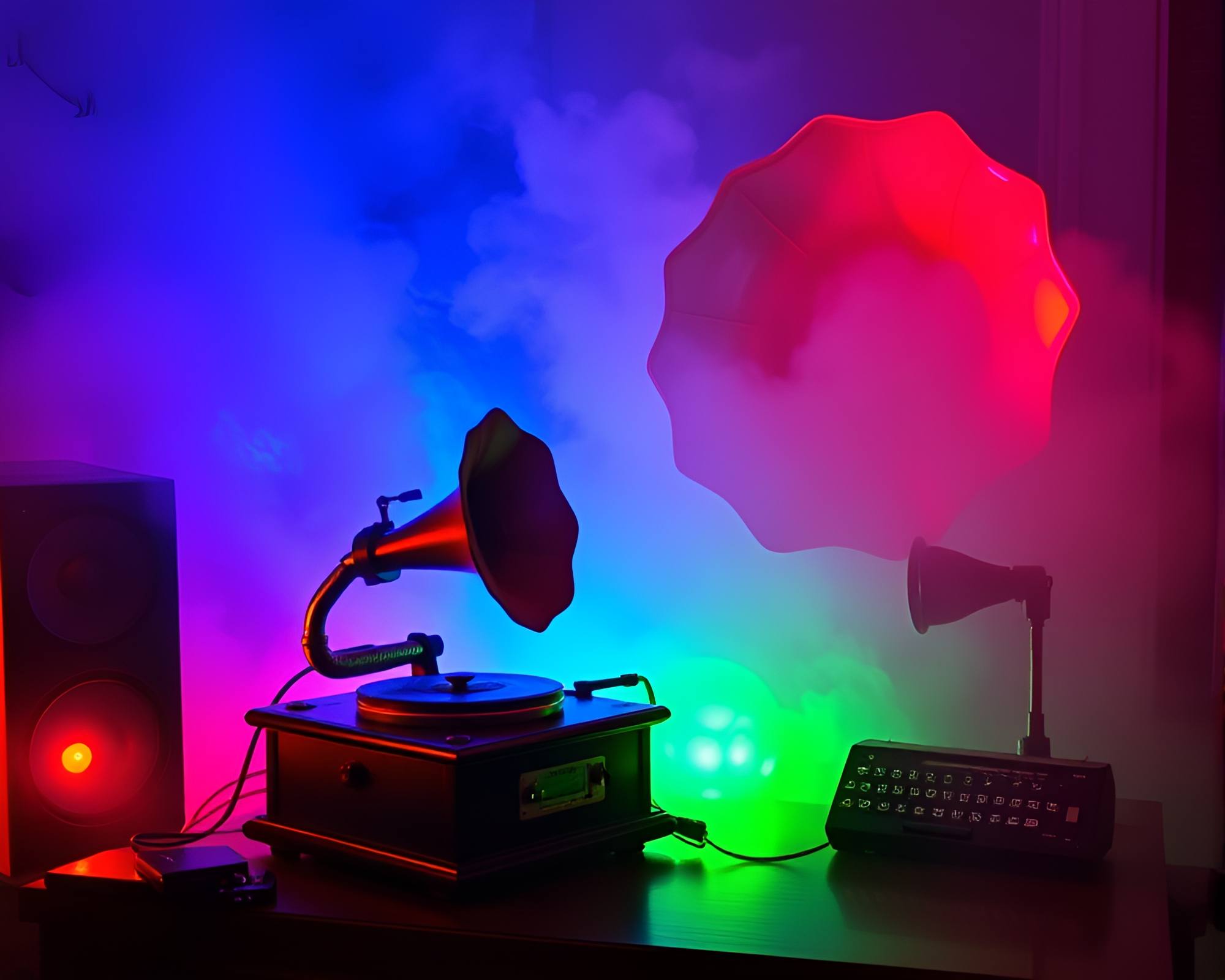 Steampunk Gramophone Among Rainbow Fog Banks – free AI stock image