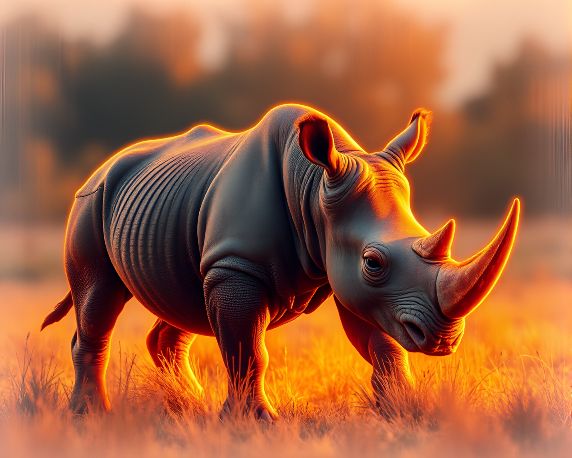 Glitch Art Rhino in Golden Hour Vignette – free AI stock image
