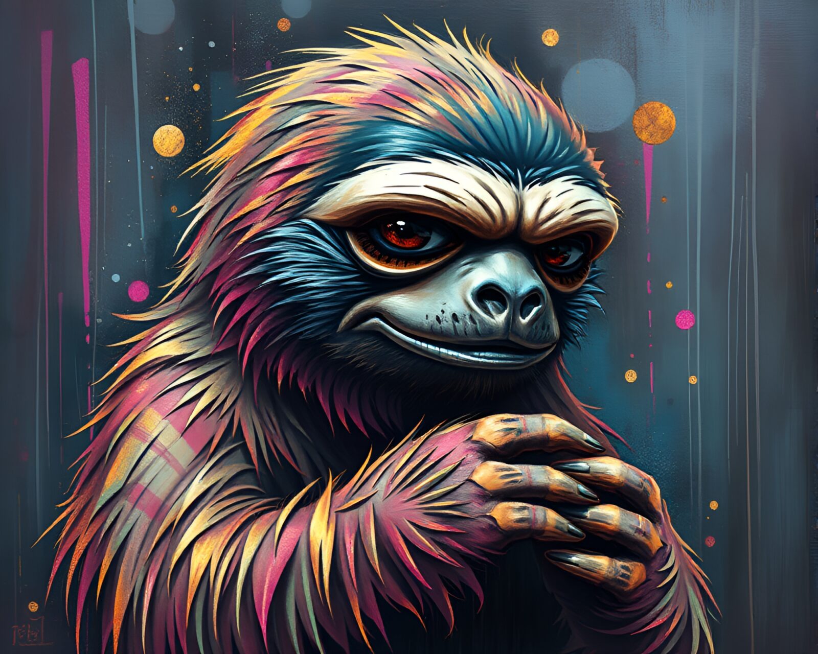 Illustration of a sloth covered in metallic scratches in a dreamy graffiti-filled setting