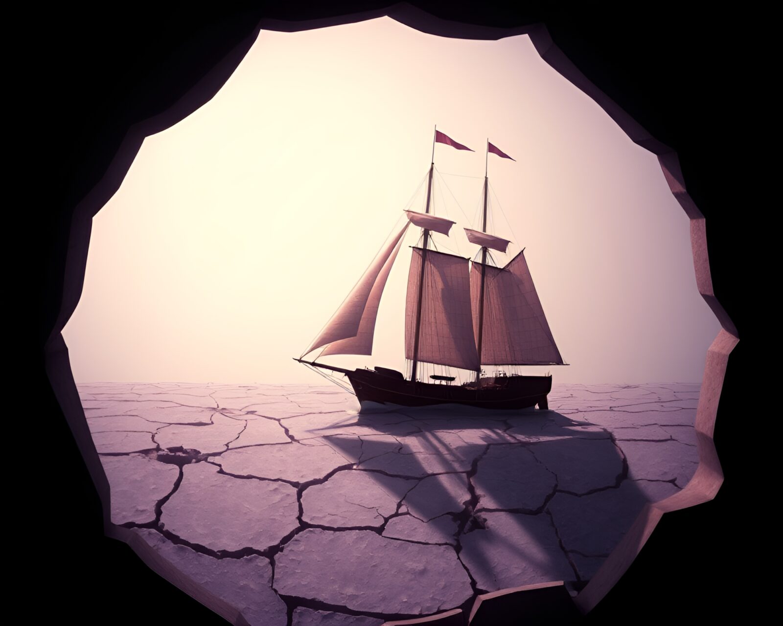A telephoto image of a sailing ship on purple cracked soil
