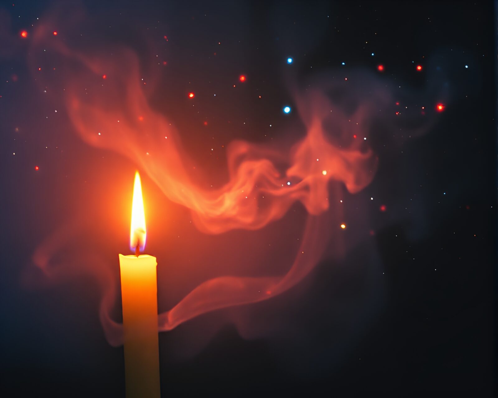 Colorful celestial nebula with swirling candle smoke in grainy film style