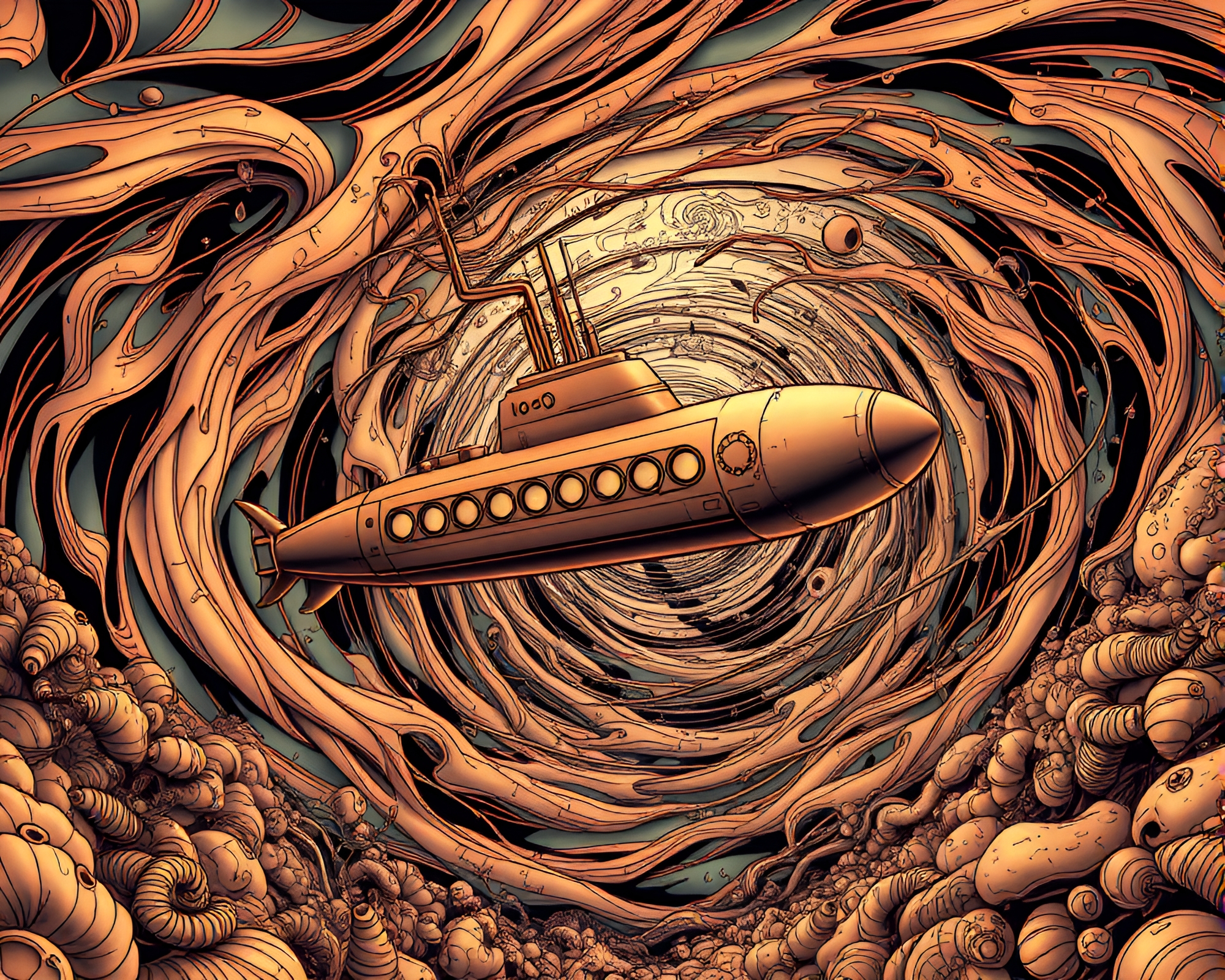 Submerged Submarine in Copper-toned Swirling Vortex – free AI stock image