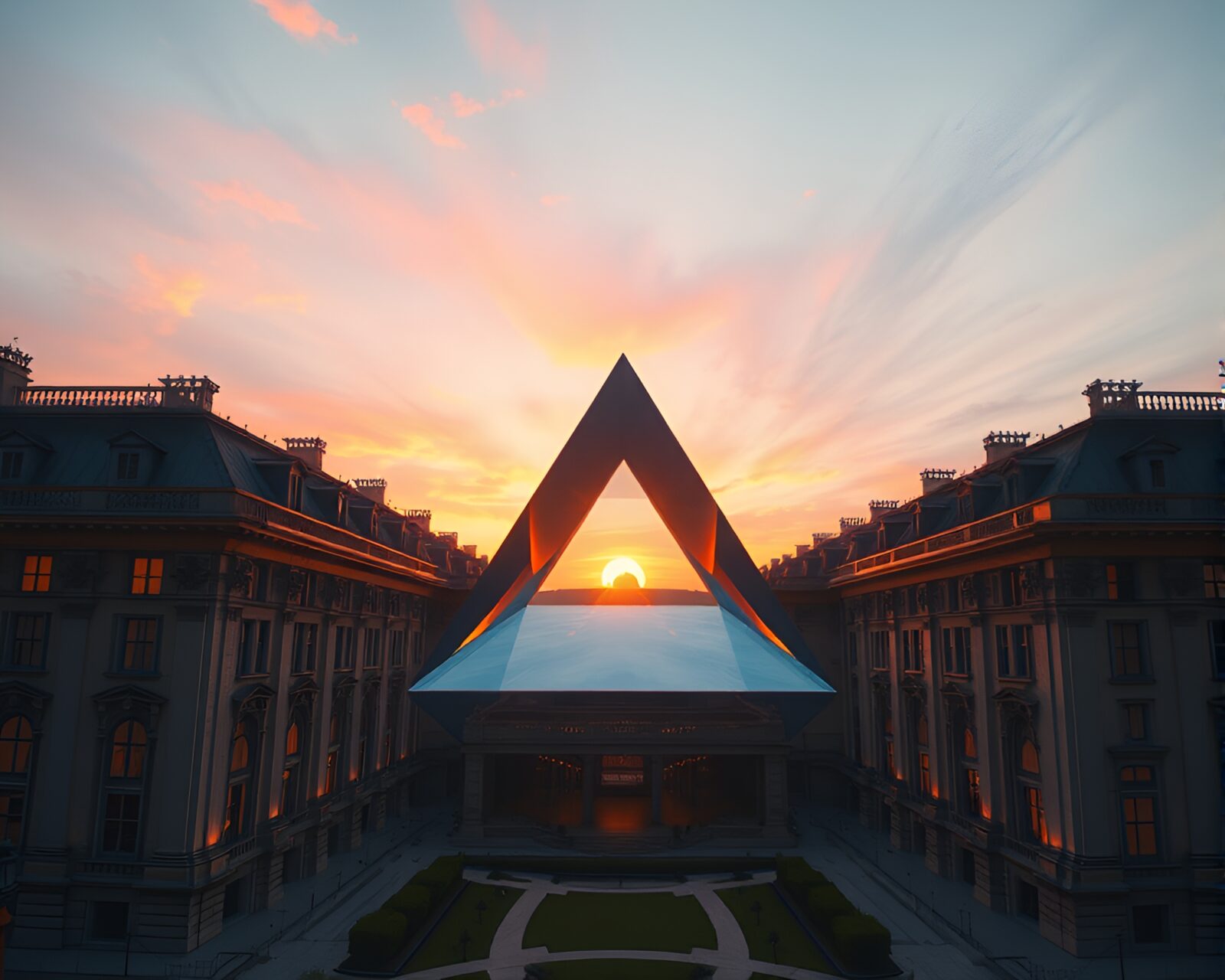 Architectural rendering of prism refraction in parallel universes