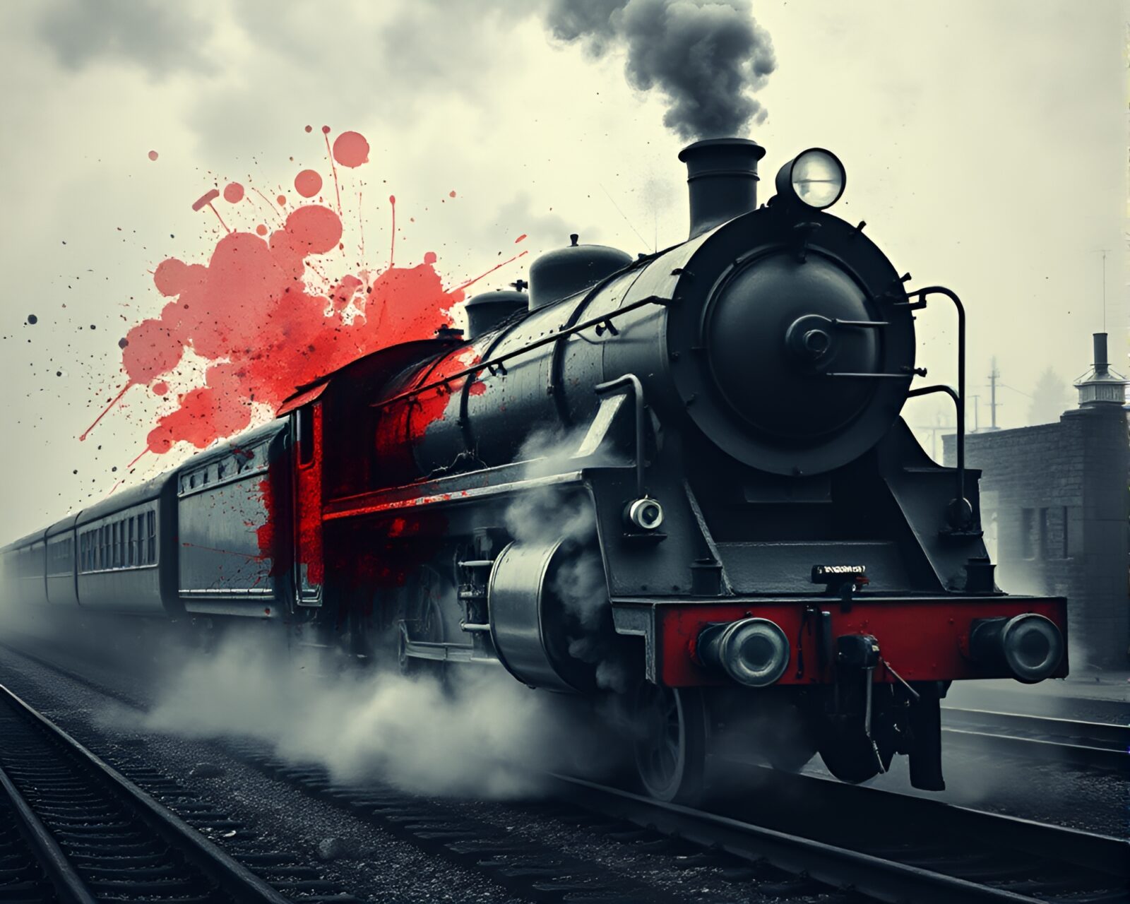 Ink splashes merging with a steam locomotive in moonlit haze