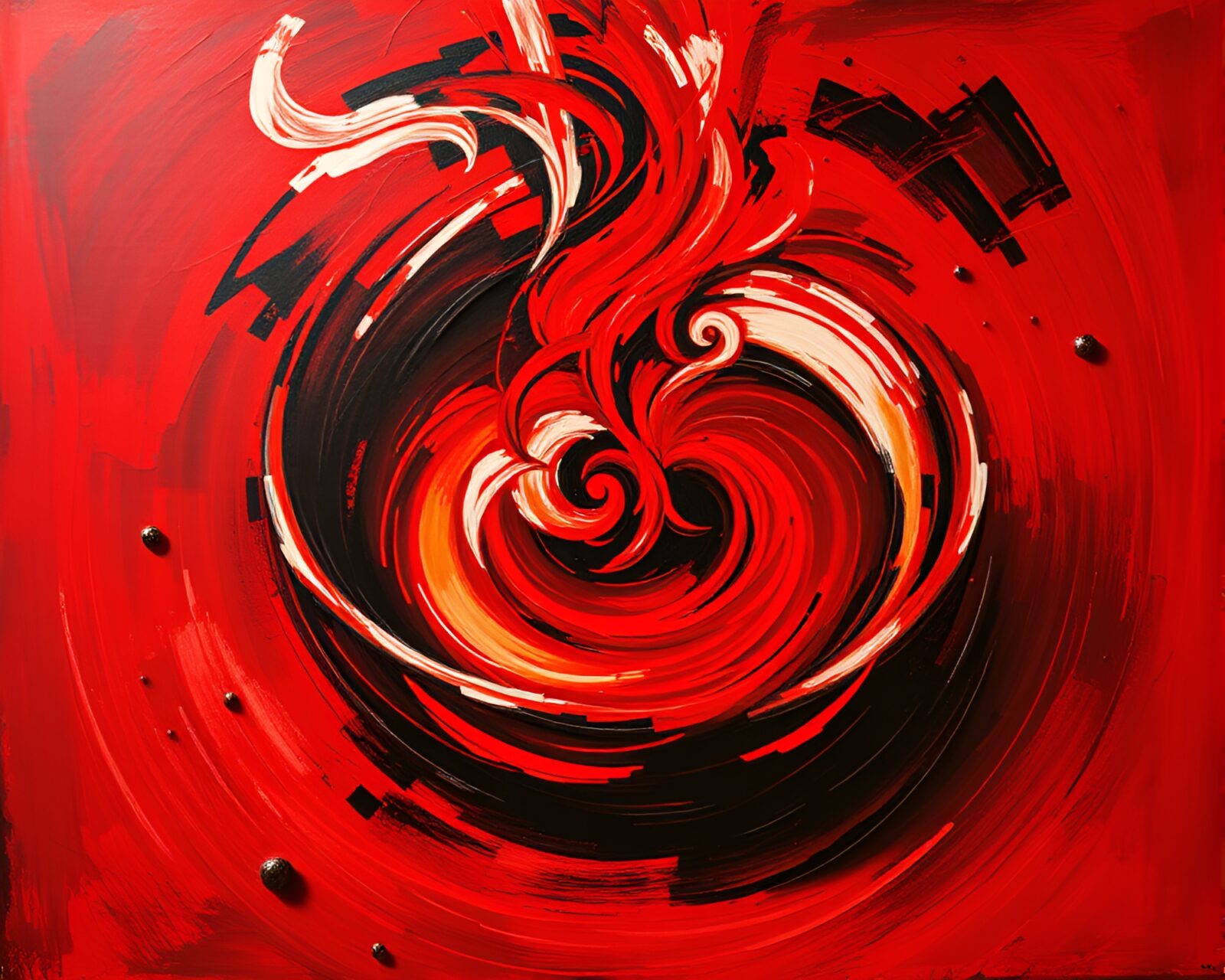 Lens-distorted swirls envelop a vibrant red ramen bowl artwork