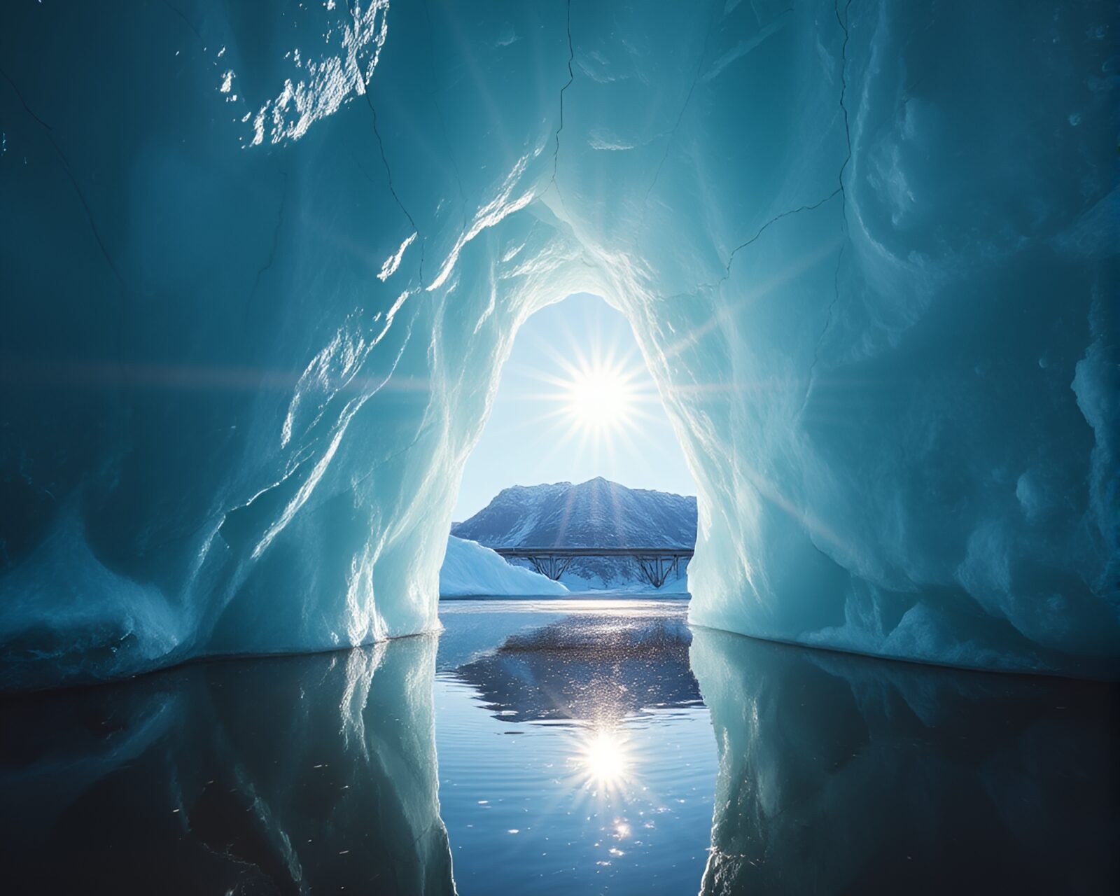 Fantastical arch bridge design reflecting on icy surface with lens flare