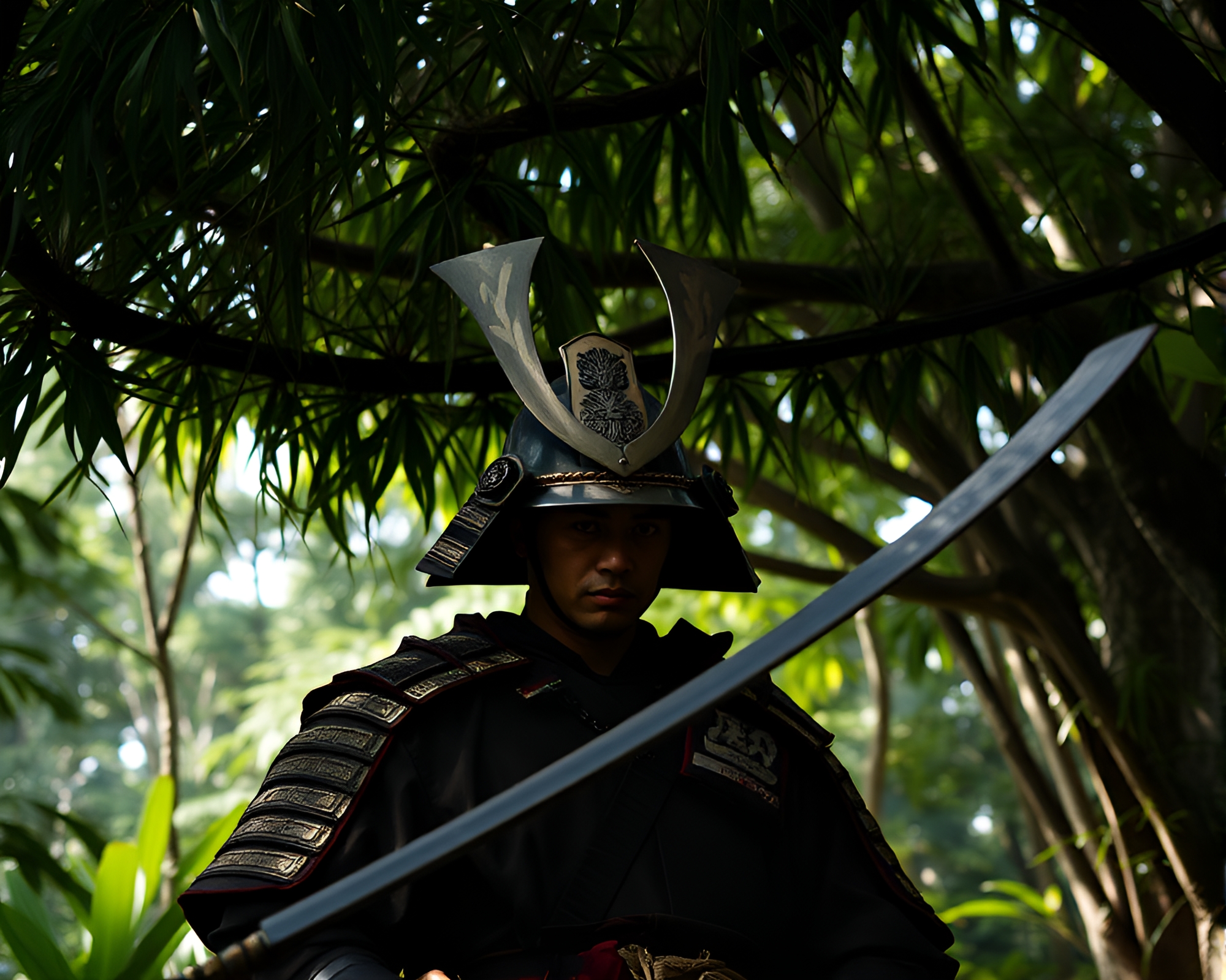 Candid Samurai in Jungle Canopy Shade – free AI stock image