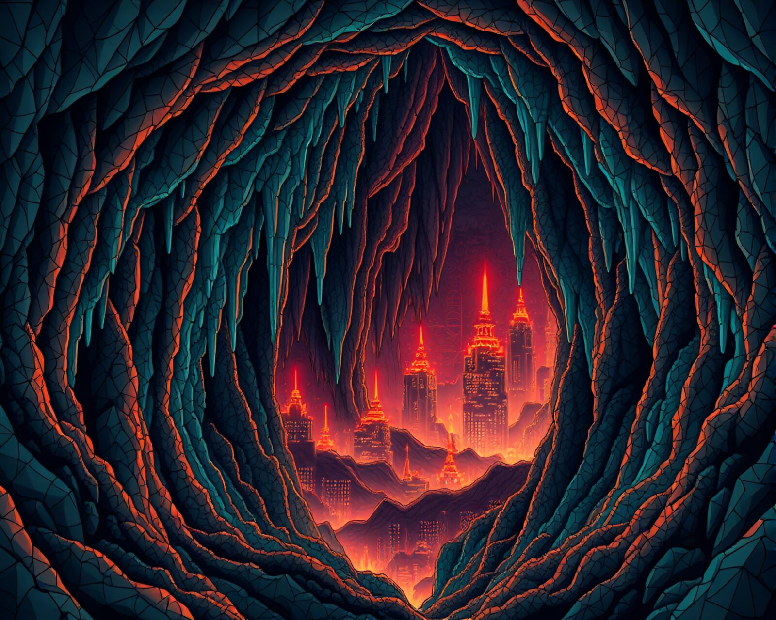 Vibrant neon colors illuminating intricate stalactite formations in a cave