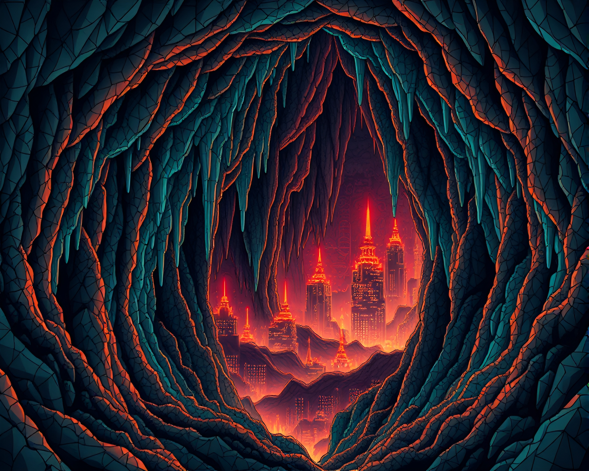 Neon City Cave with Algorithmic Art Stalactites – free AI stock image