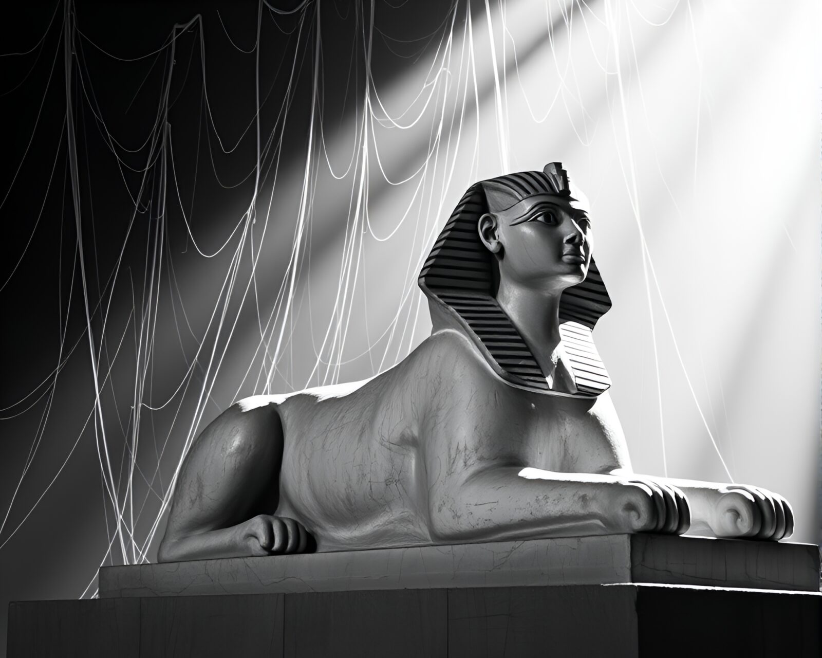 Mysterious Sphinx statue illuminated by a spotlight among cobwebs