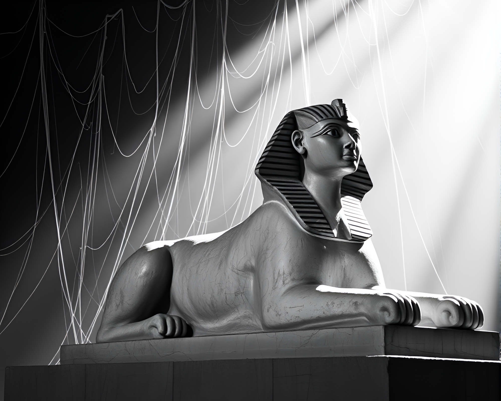 Sphinx Statue Enveloped in Cobweb Strands – free AI stock image