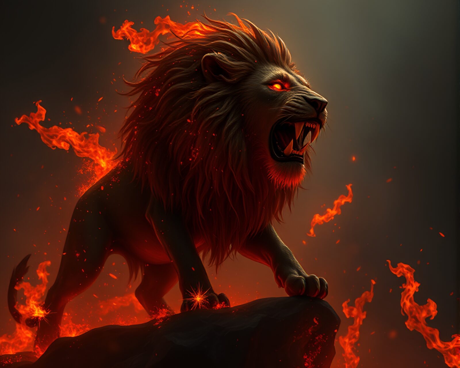 Gothic lion surrounded by floating embers in shadowy light
