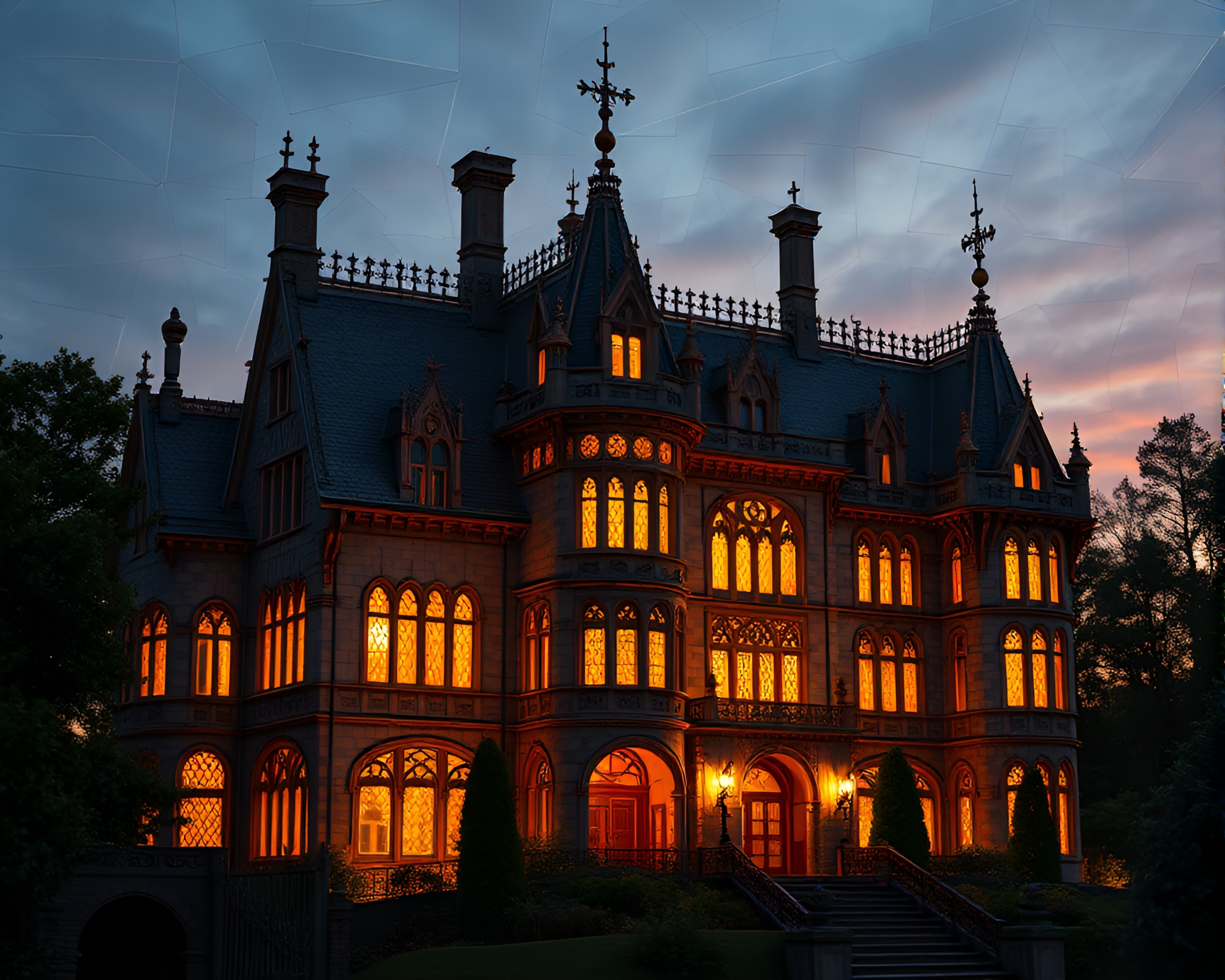 Neo-Gothic Mansion Fragmented Mosaic at Golden Hour – free AI stock image