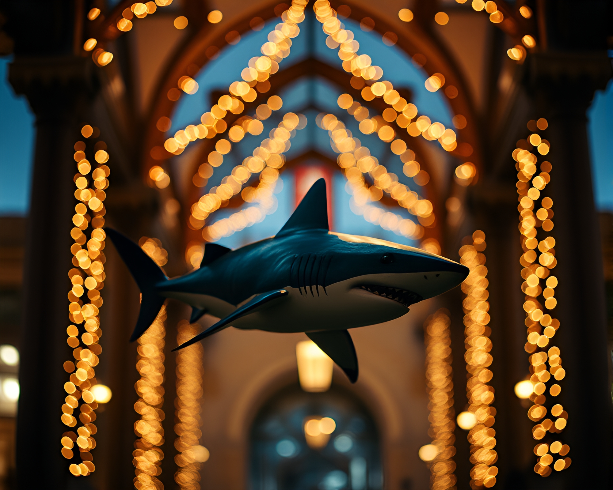 Grunge Shark in Bokeh Architectural Frame – free AI stock image