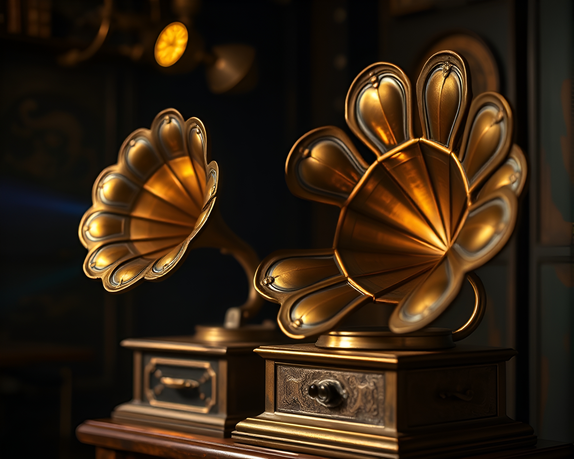 Steampunk Gramophone in Spotlight Illumination with Bronze Patina – free AI stock image