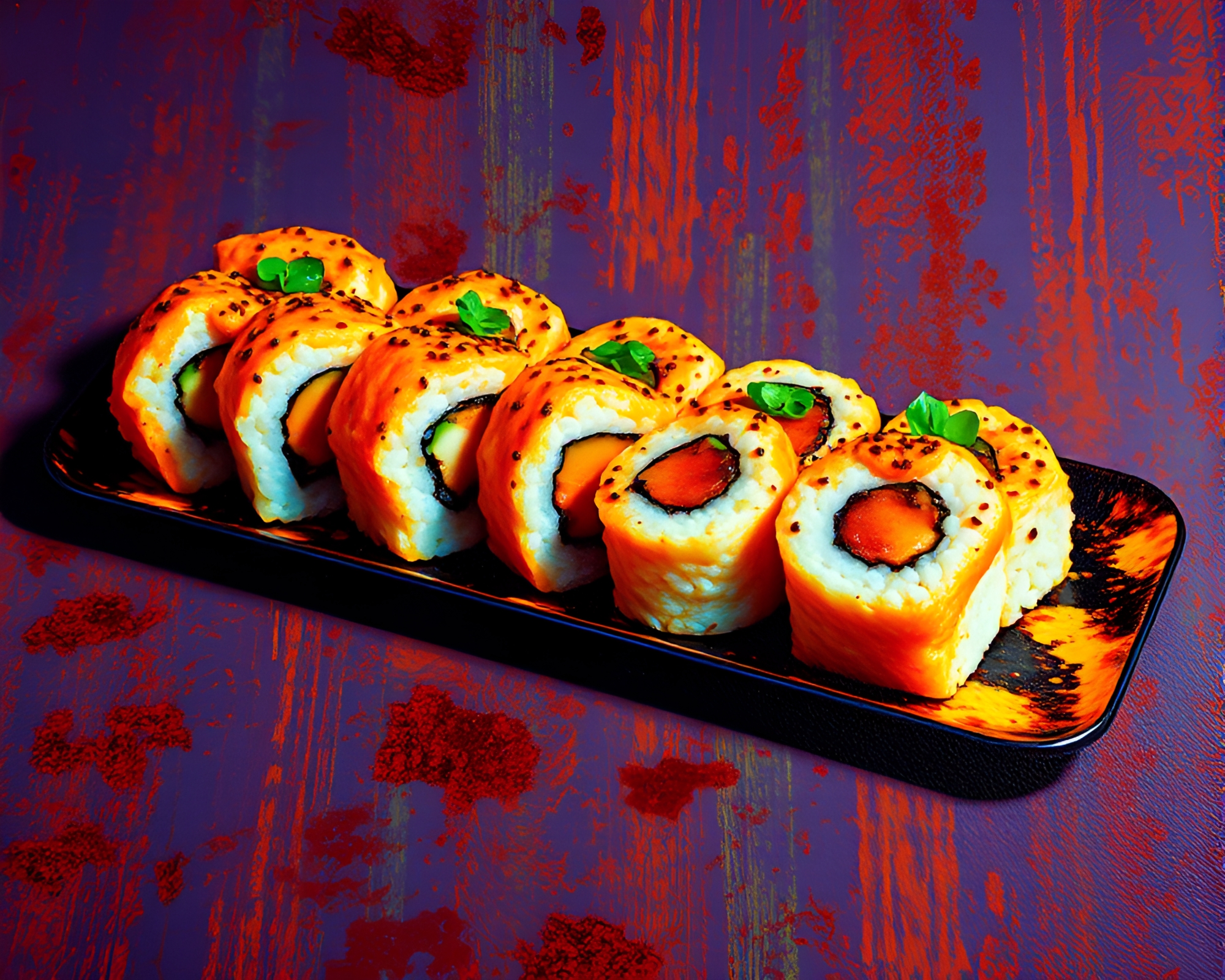Exquisite Sushi Platter With Rust Stain Artwork – free AI stock image