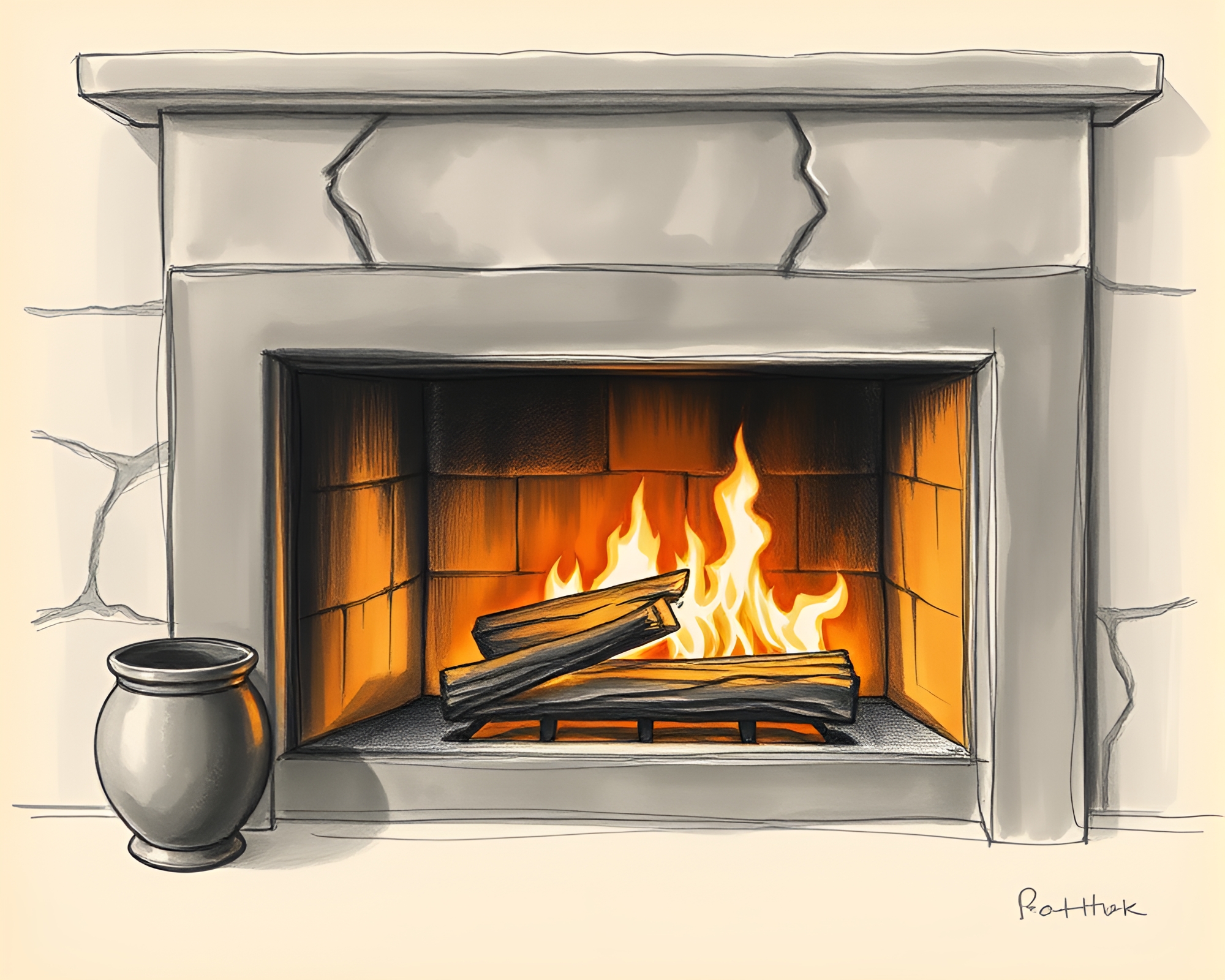 Bronze Canyon Glow: Fireplace Flicker Charcoal Sketch – free AI stock image