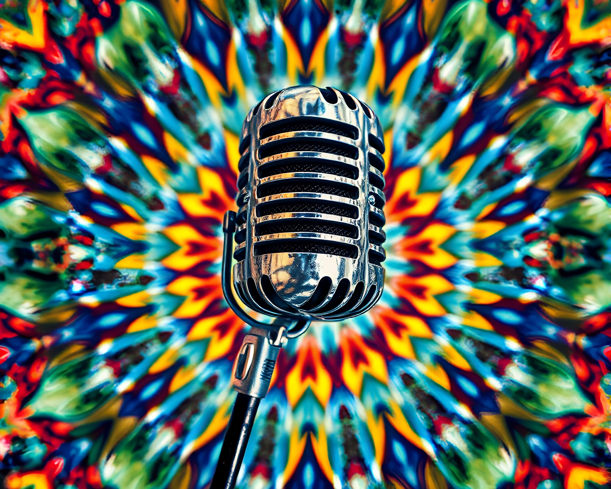 Kaleidoscopic Microphone Mural with Textured Overlay – free AI stock image