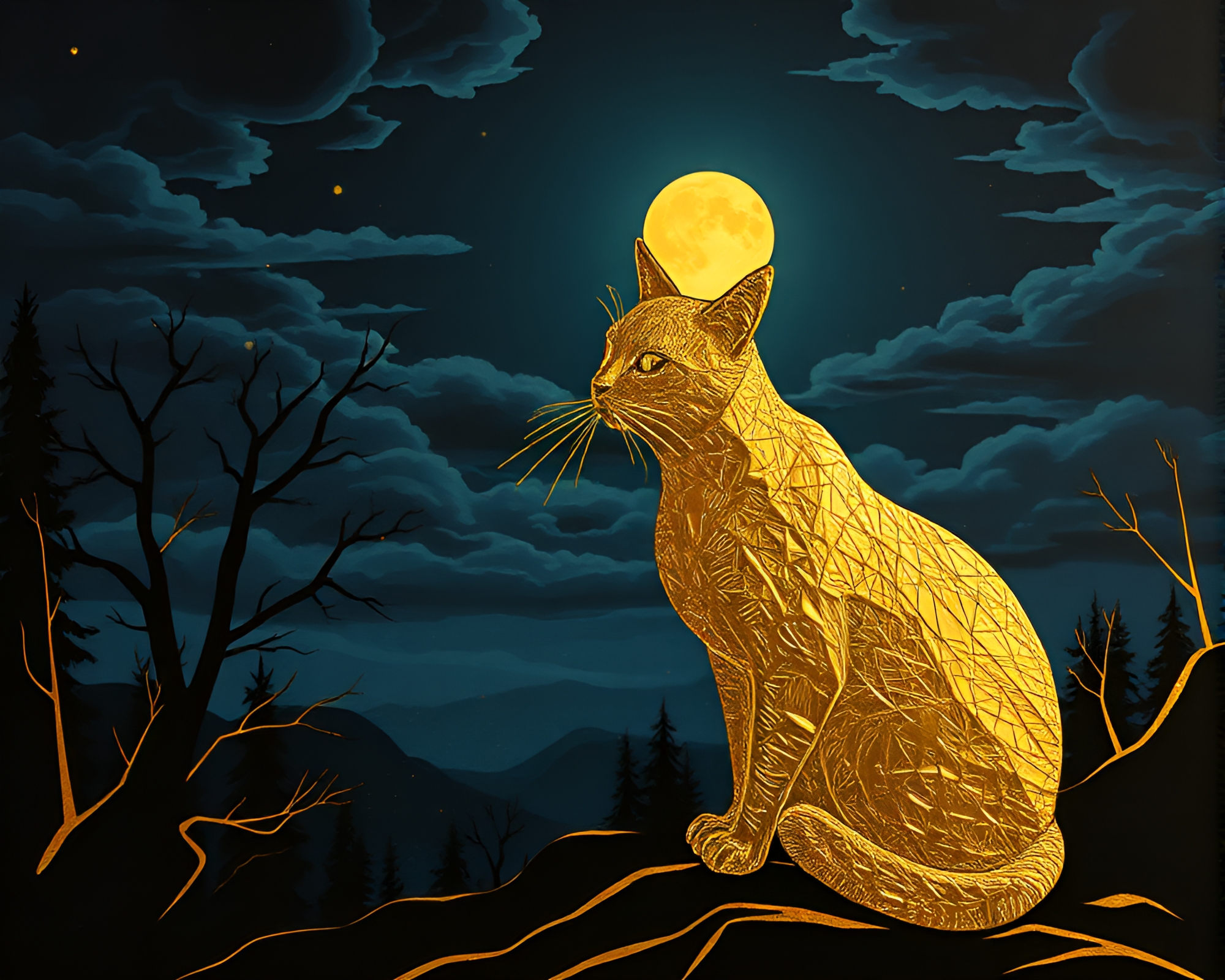 Moonlit Schrodinger’s Cat Portrait With Gold Foil Highlights – free AI stock image