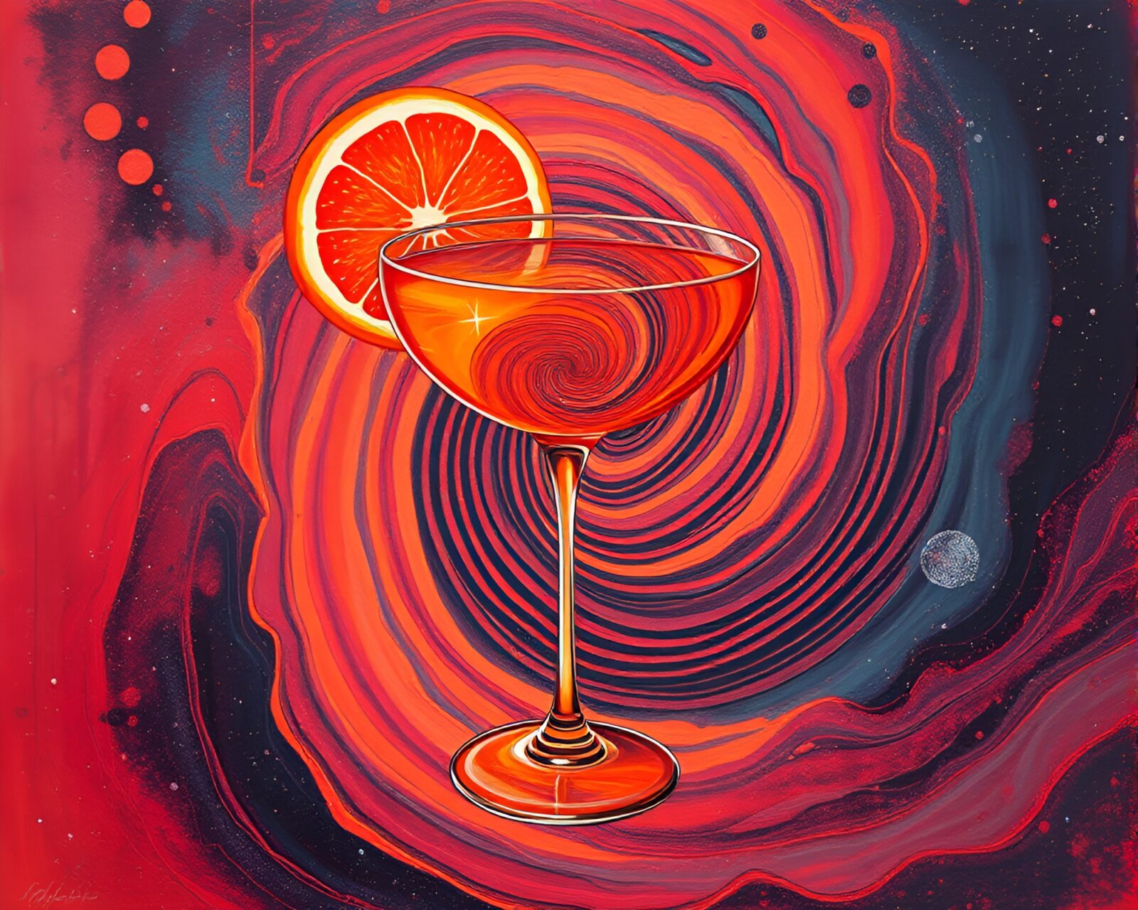 Vibrant cosmic swirl merges with citrus drink on canvas