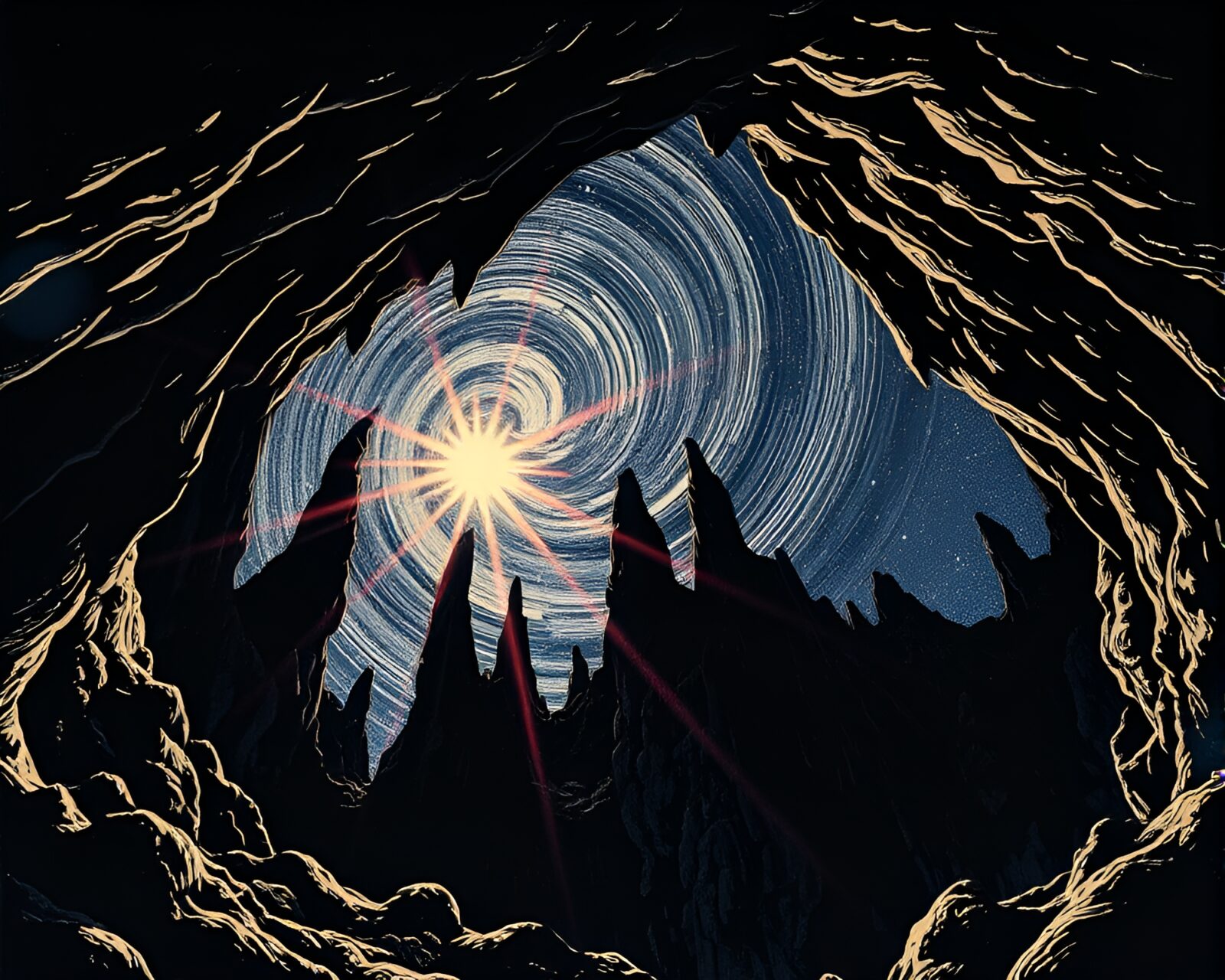Woodcut print of a cave with swirling Milky Way