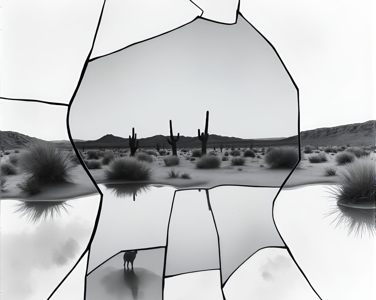 Broken glass reflects a wildlife watercolor oasis in desert noir.