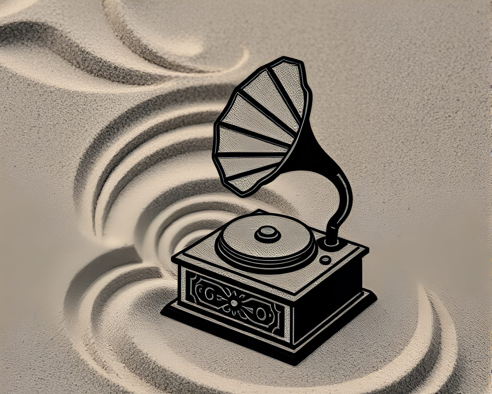 Intricate steampunk gramophone design among swirling charcoal black sands