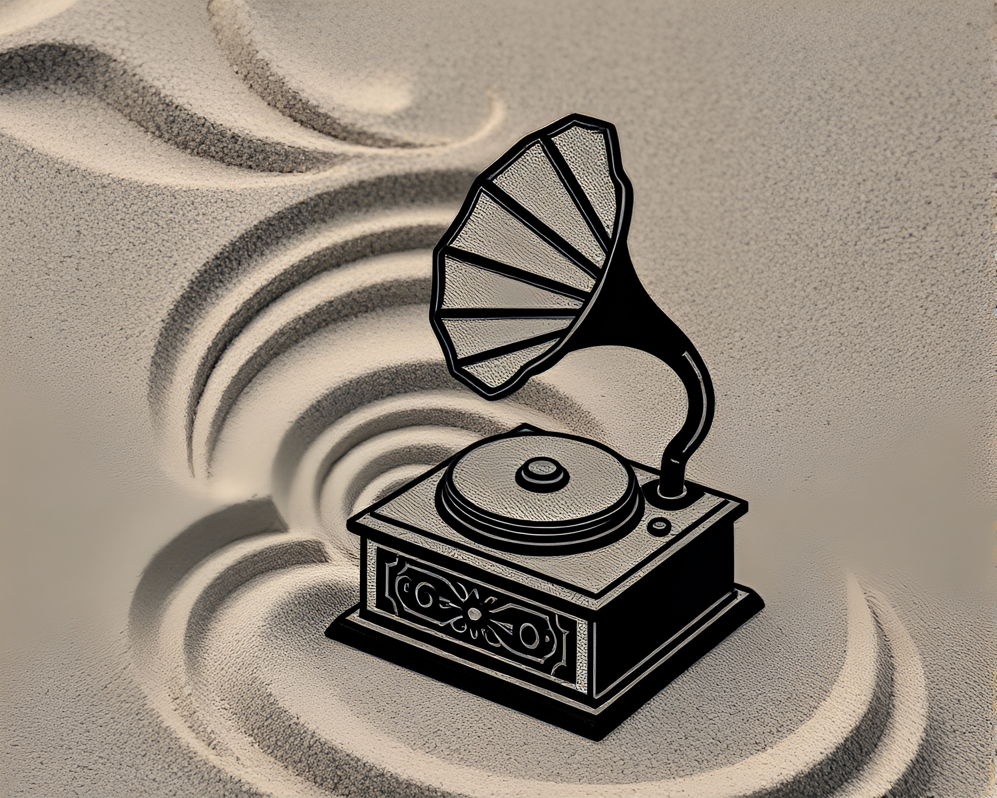 Steampunk Gramophone in Charcoal Black Sand Swirls – free AI stock image