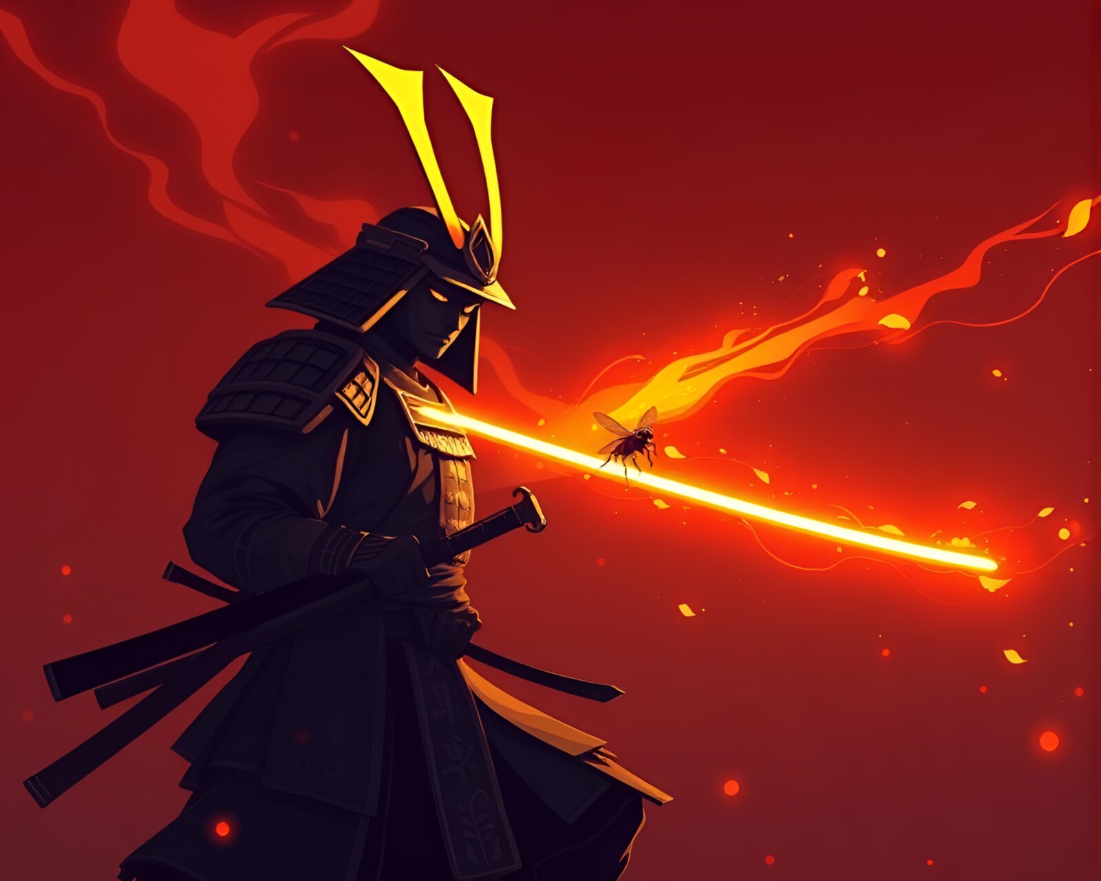 Minimalist cartoon samurai warrior surrounded by fireflies in the dark