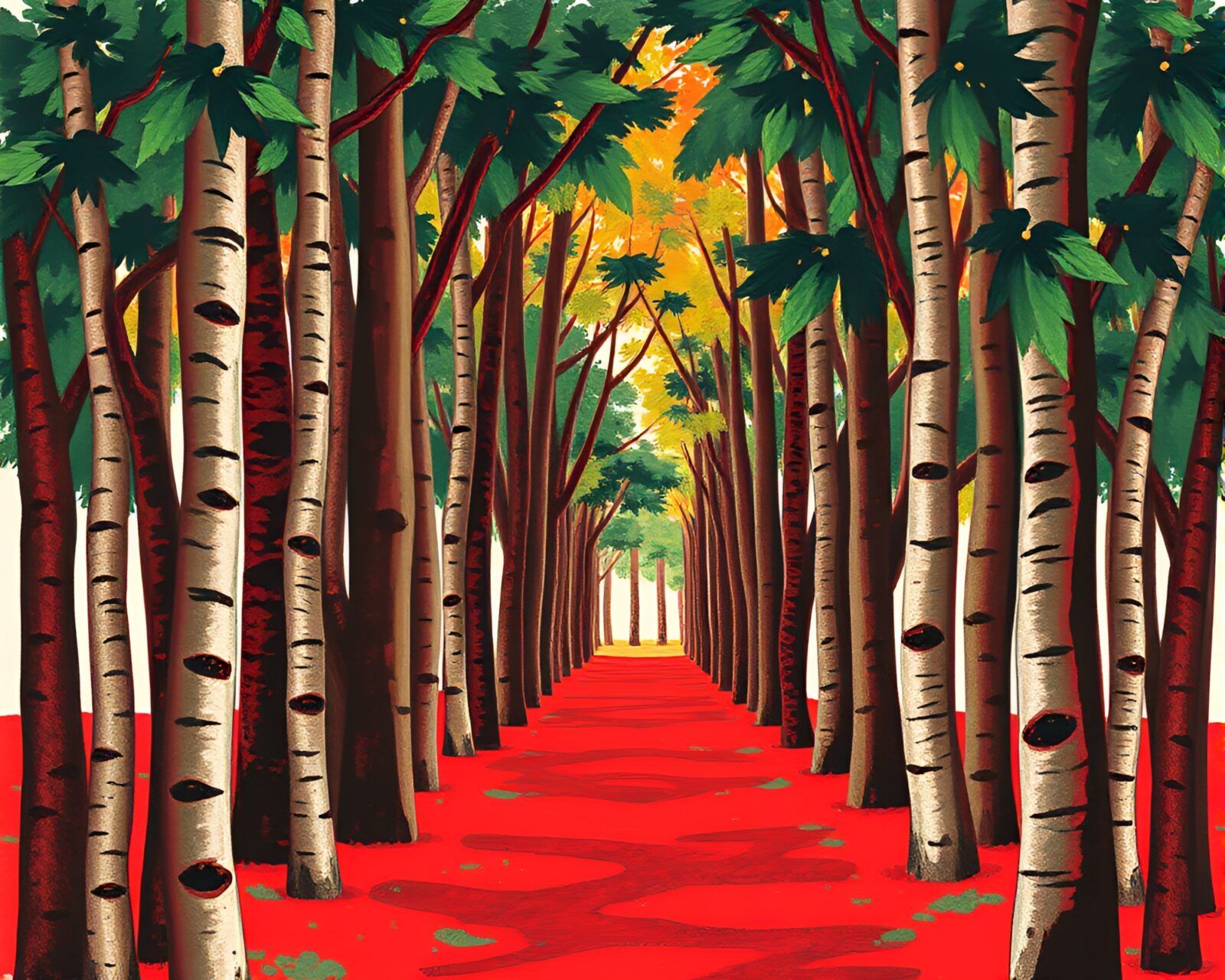 Striped pattern of ruby red light in ancient forest