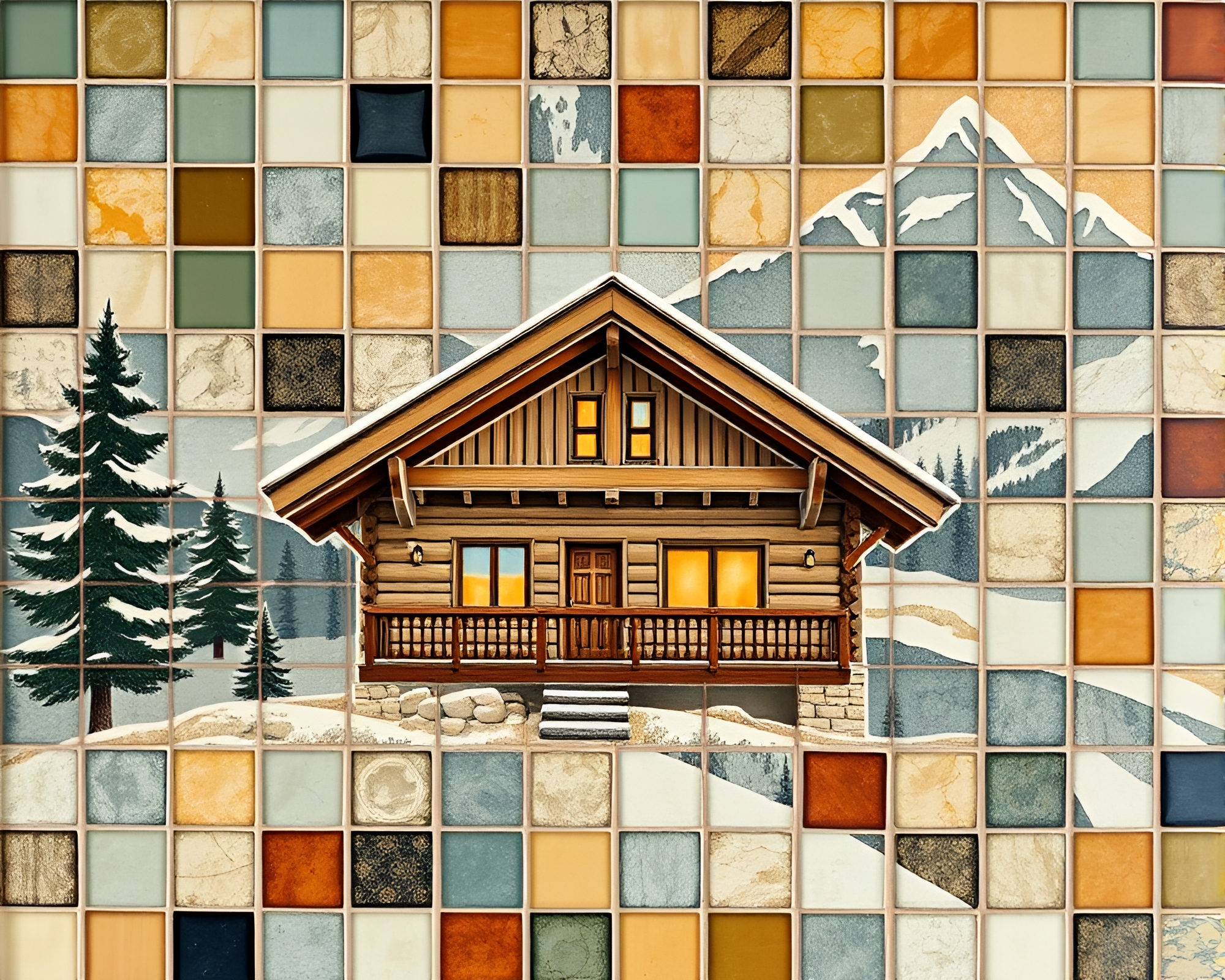 Alpine Chalet Photocollage Mosaic in Jewel Tones – free AI stock image