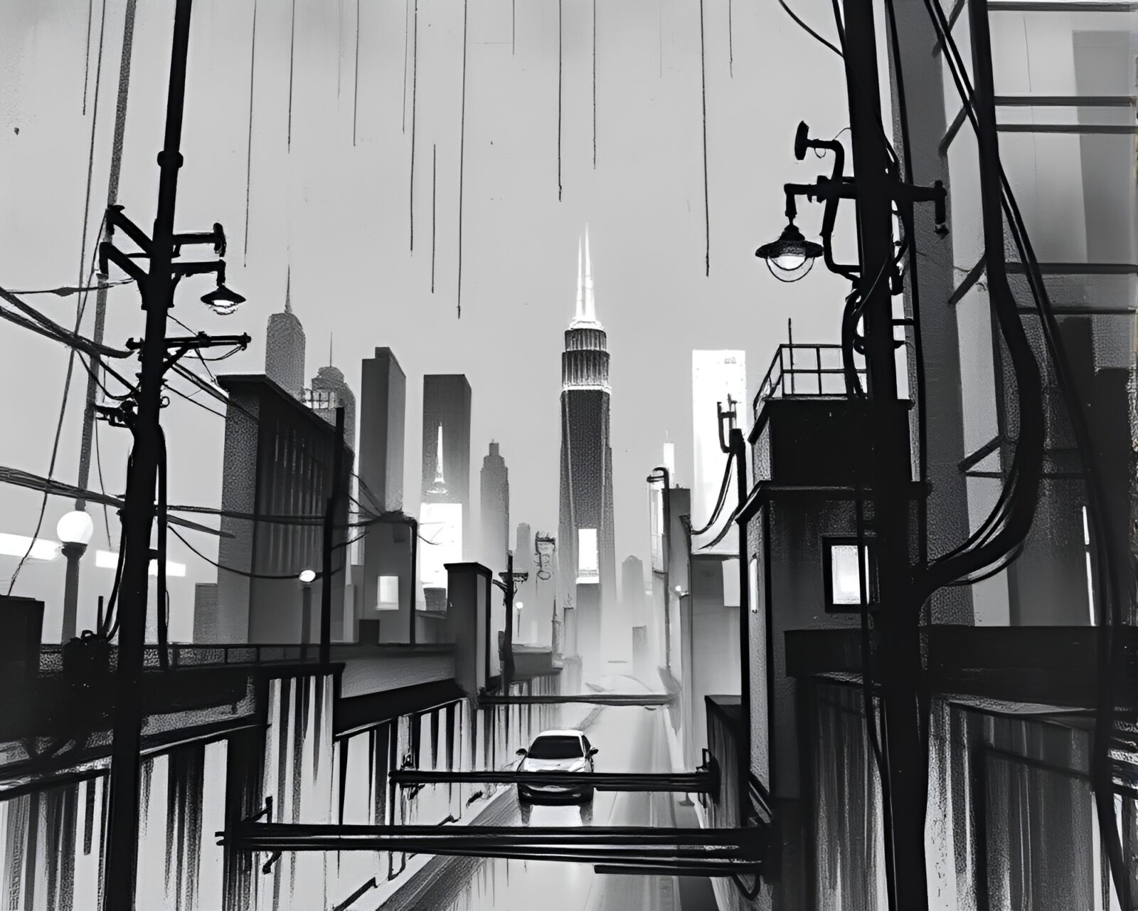 Gritty cyberpunk scene with vector halftone elements and charcoal sketch characters
